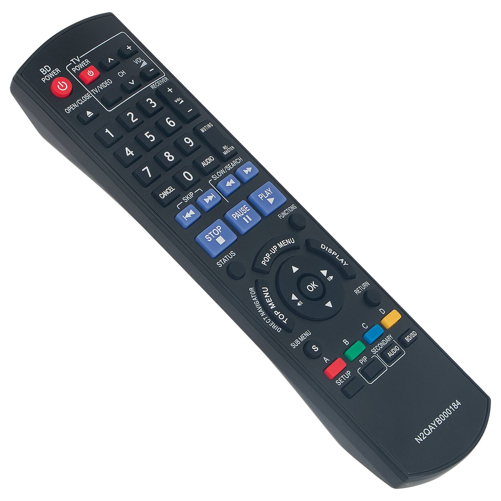 + CTV ^ VOL POWER A BD POWER G CH - TV/VIDEO V RECEIVER TV + OPEN/CLOSE/TV/VIDEO OPEN CLOSE 3  - 2 6 1 WOTING 5 9 E MASTER 4 8 AUDIO SEARCH SE 7 SLOW  0 44 CANCEL SKIP N PLAY PAUSE 11 FONCTIONS STOP MENU STATUS POP-UP DISPLAY  OK RETURN NAVIGATOR MENU 4 DIRECTNAVIBATOR DIRECT TOP MENU C D BD/SD SUB MENU SUB S B SECONDARY AUDIO A PIP SETUP N2QAYB000184