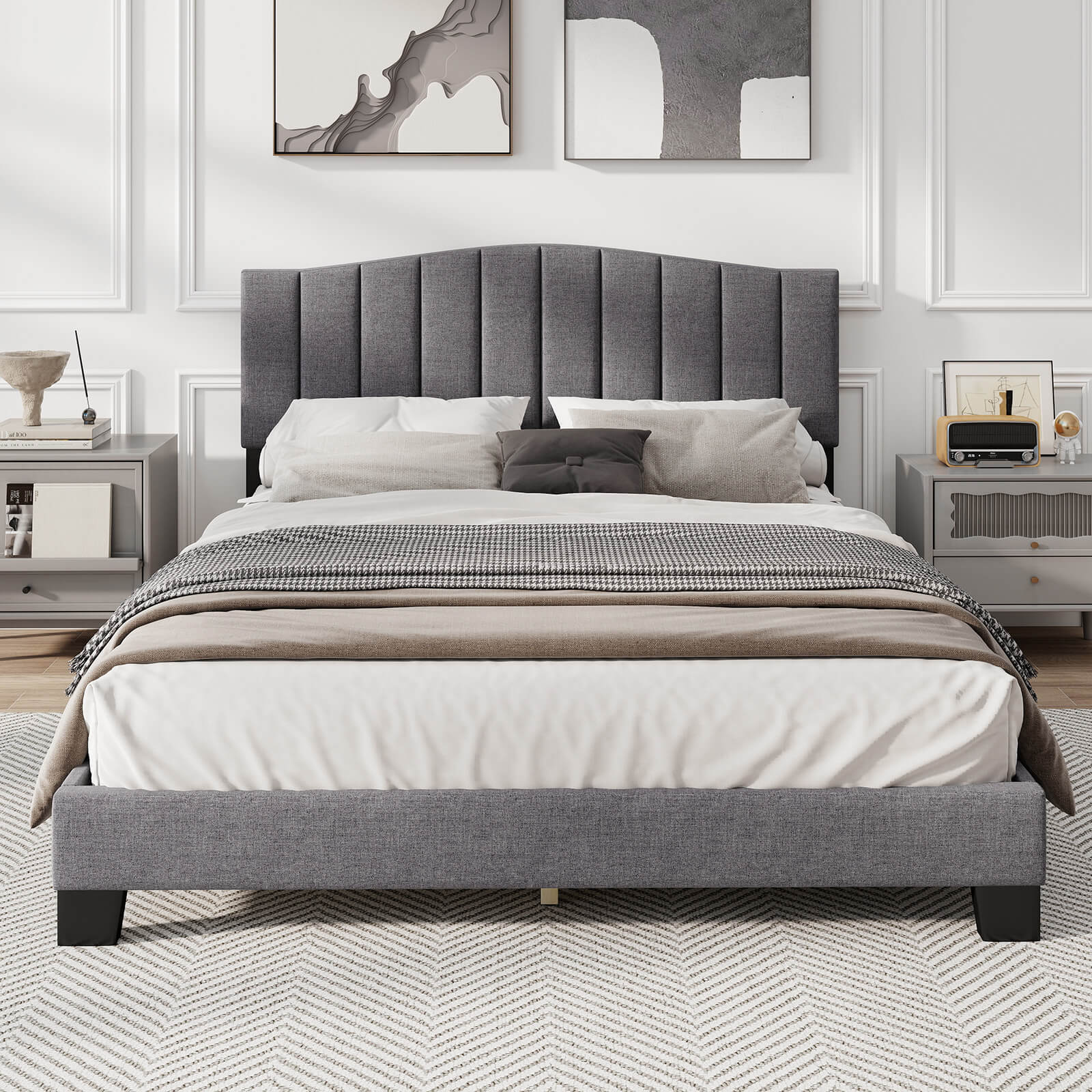 Alt View 5. Costway - Costway Modern Upholstered Bed Frame Queen Size Platform Bed with Wooden Slat Support - Gray.