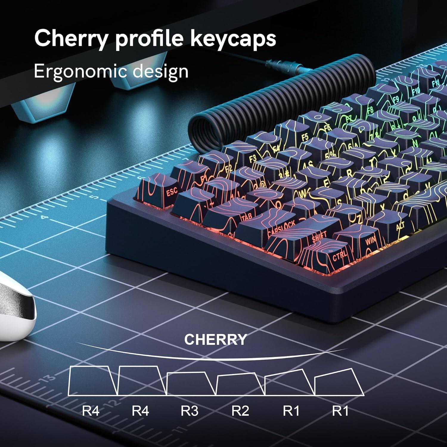 Cherry profile keycaps  
Ergonomic design  

FN F10 F9 F8 R 0 F& D  F5  FA F3 5% 62 A T A  R r2 E 1 i ESC W C Q S Y d TAB Z PSLOCK ALT SHIFT WIN CTRL  

CHERRY  
R4 12 R4 R3 R2 R1 R1