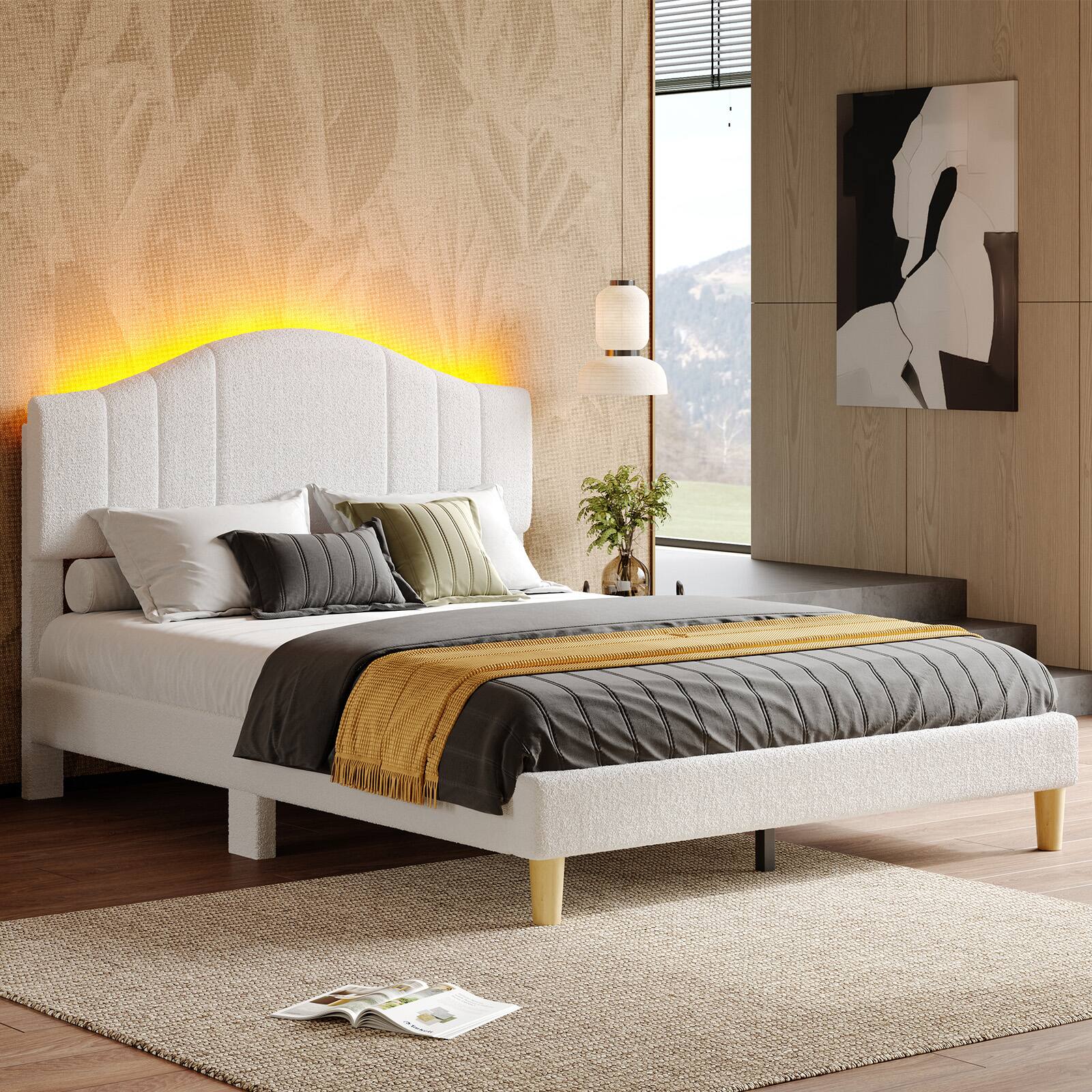 Pinmoco - Upholstered Platform Bed Frame with Adjustable LED Arc Headboard - Fabric White