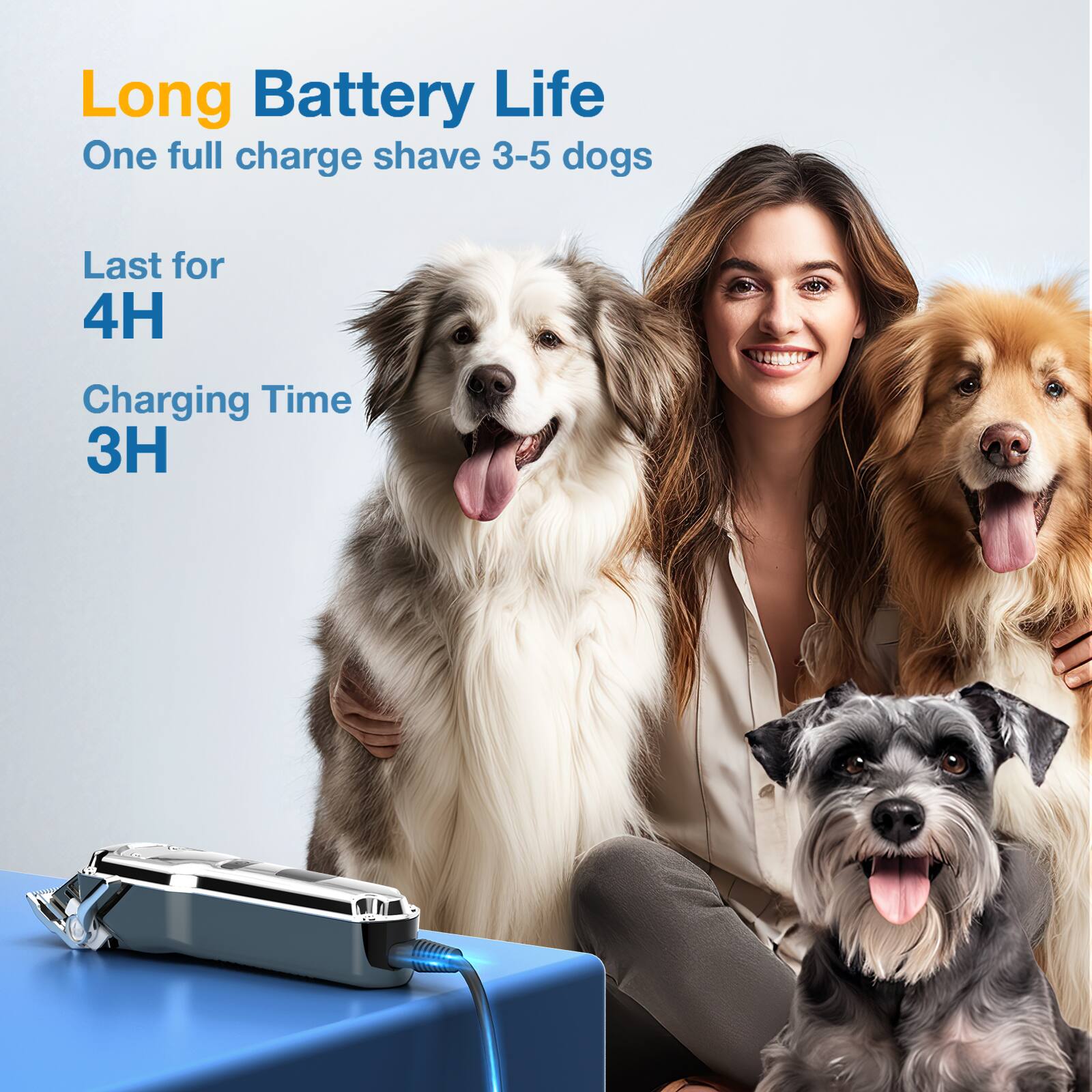 Long Battery Life  
One full charge shave 3-5 dogs  

Last for 4H  
Charging Time 3H