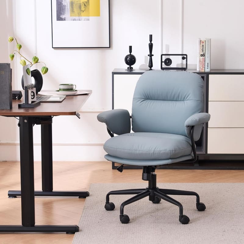 HTUTWOO - 360° Swivel PU Leather Office Chair, Adjustable Height Ergonomic Desk Chair, Sturdy Metal Frame, for Home Office - Blue