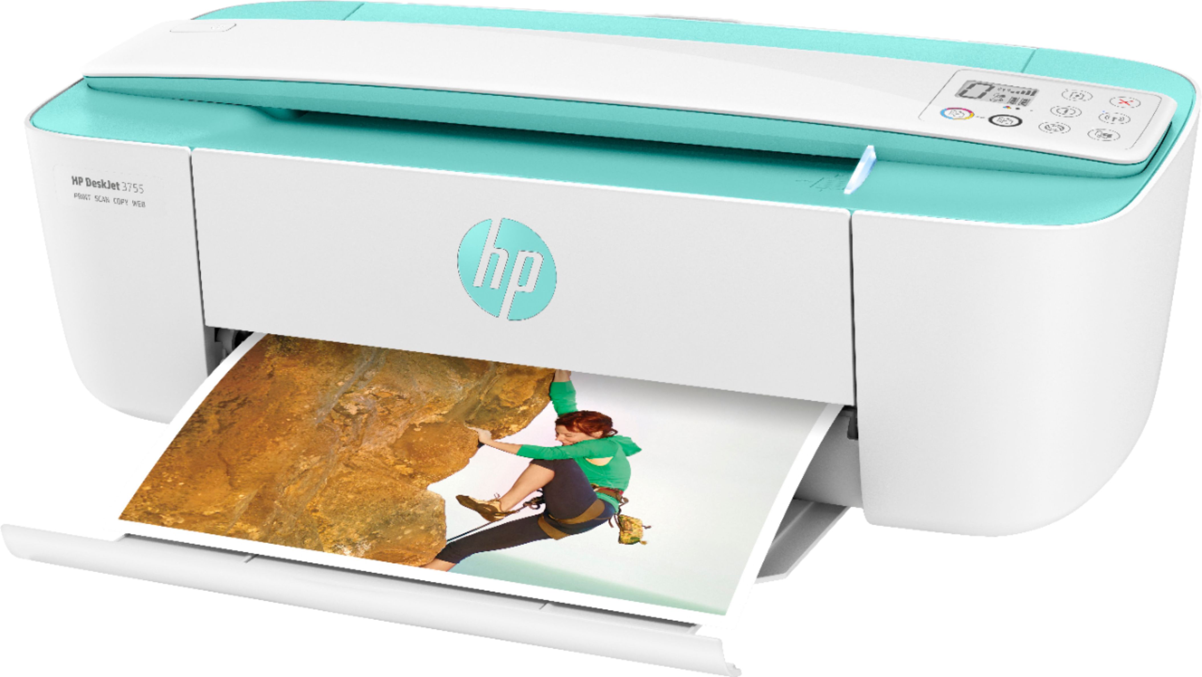 Left View: HP - DeskJet 3755 Wireless All-in-One Instant Ink Ready Inkjet Printer - Seagrass