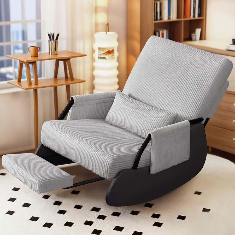 KERDOM - Corduroy Rocking Chair with Footrest, Cover Washable, Upholstered Cradle Armchair Nap Recliner Glider Chair with Ottoman - Gray