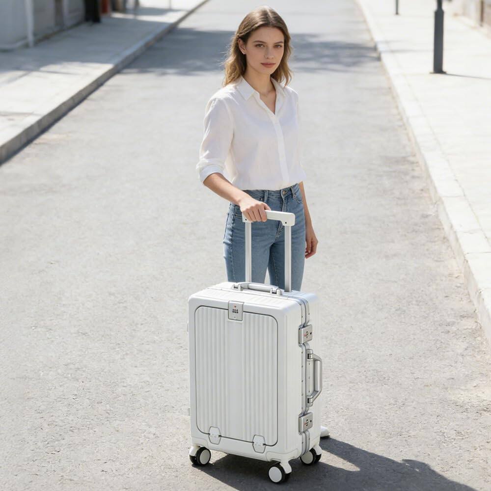 Angle. Quick Deer - 20 Inch Carry On Luggage with Front Pocket, Aluminum Frame Hardshell Suitcase with Spinner Wheels and Cup Holder - White.