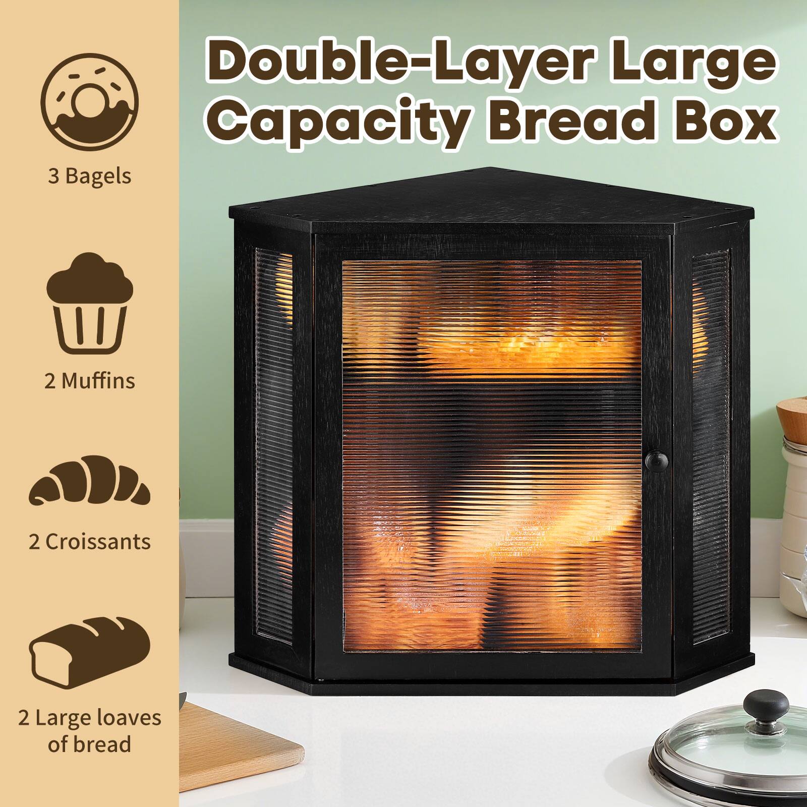 Double-Layer Large Capacity Bread Box

- 3 Bagels
- 2 Muffins
- 2 Croissants
- 2 Large loaves of bread