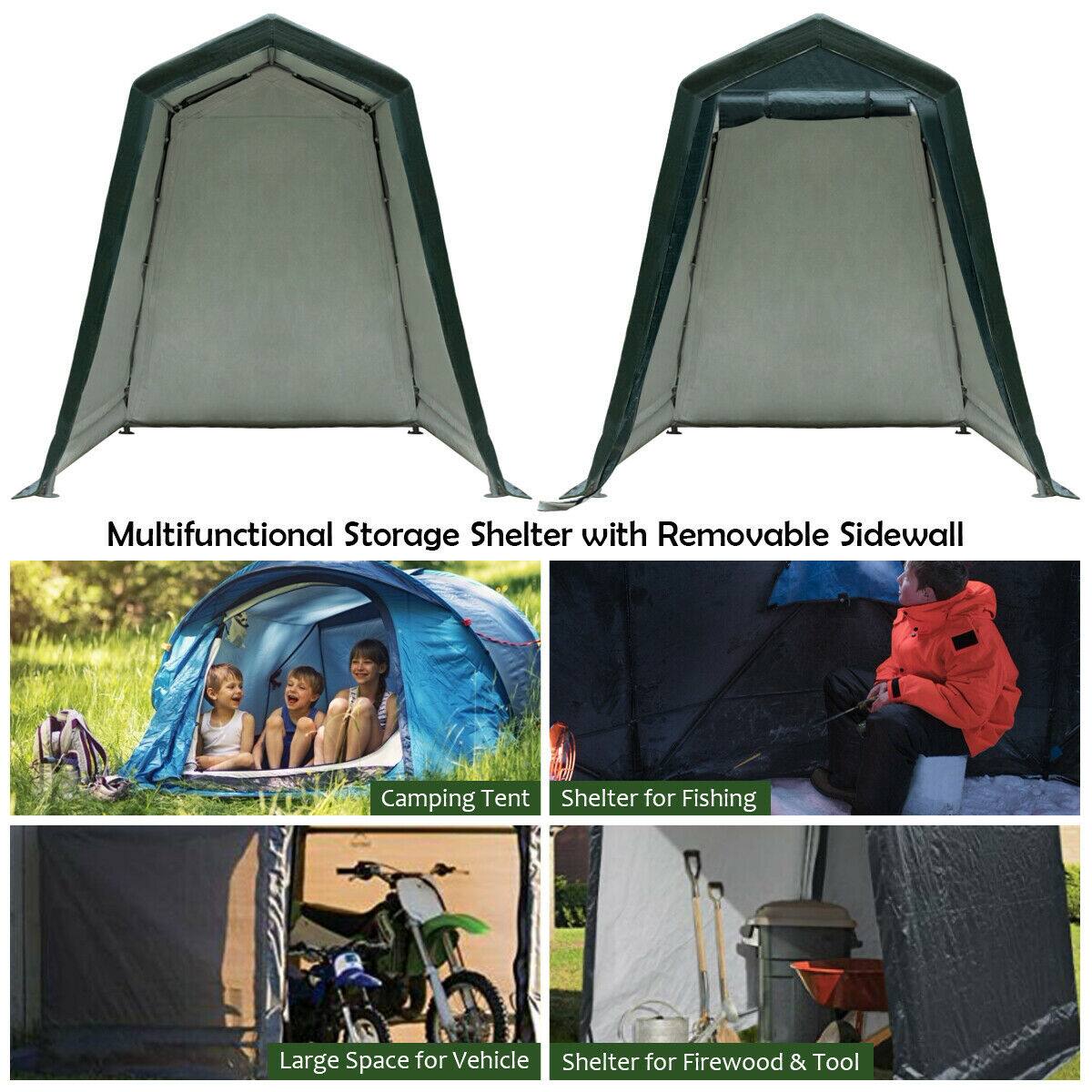 Multifunctional Storage Shelter with Removable Sidewall

Camping Tent

Shelter for Fishing

Large Space for Vehicle

Shelter for Firewood & Tool