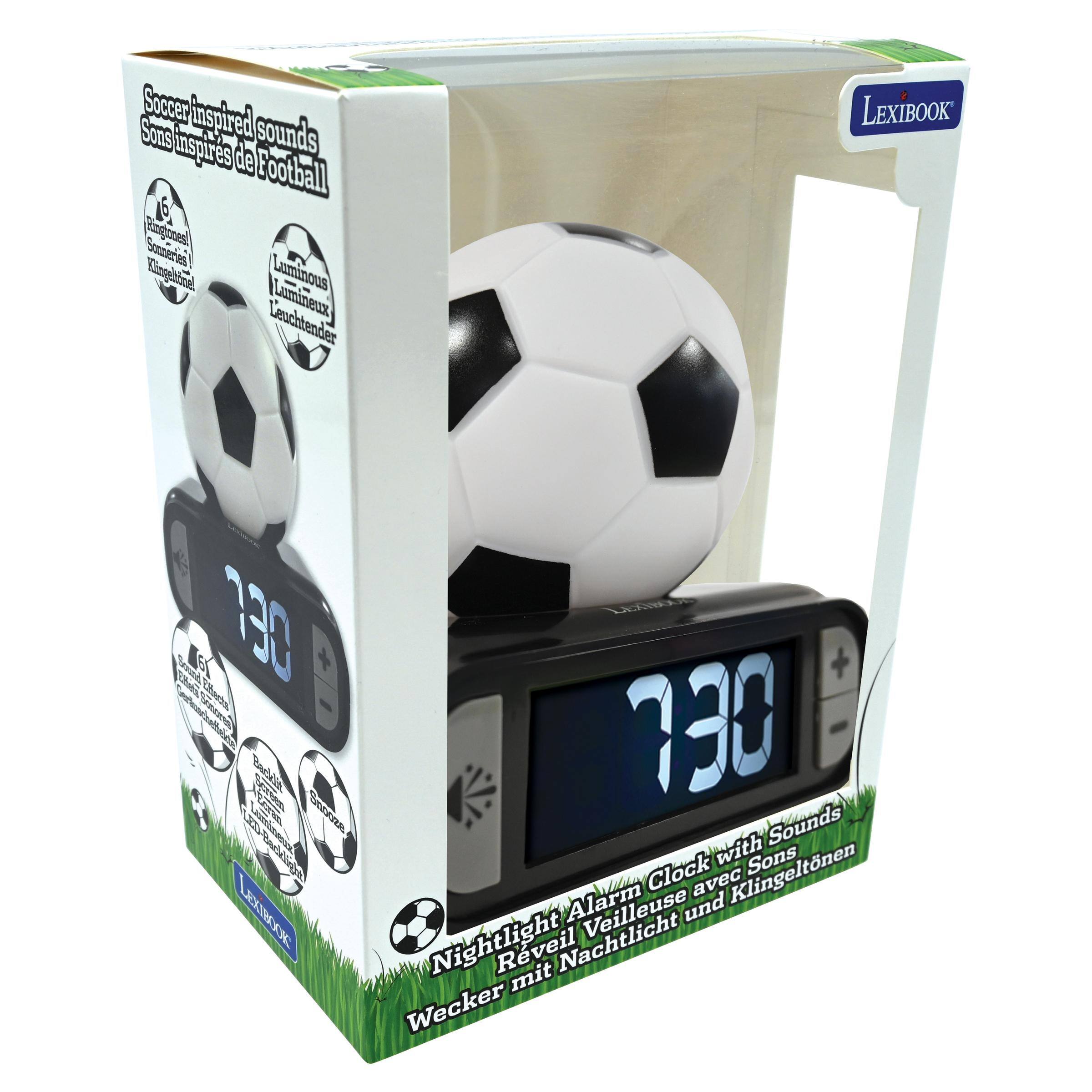 Soccer-inspired sounds  
Sons inspirés de football  
Lumineux Luminous Leuchtender  

LEXIBOOK  
330 LEXTBOOK Pany + Effects perpose 730 with Sounds Clock avec Klingeltnen Sons LEXIBOOK Alarm und Rveil mit Nachtlicht Wecker