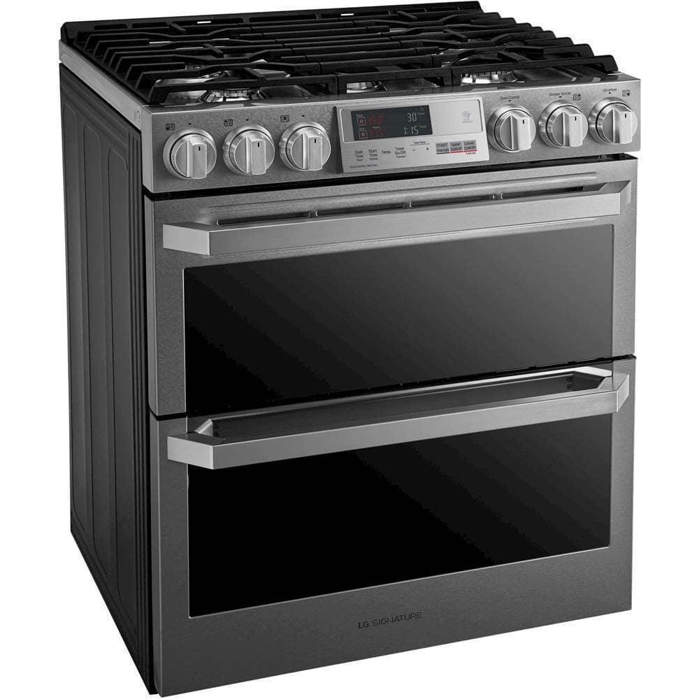 Angle. LG - SIGNATURE 7.3 Cu. Ft. Smart Slide-In Double Oven Dual Fuel True Convection Range with EasyClean and Power Burner - Textured Steel.