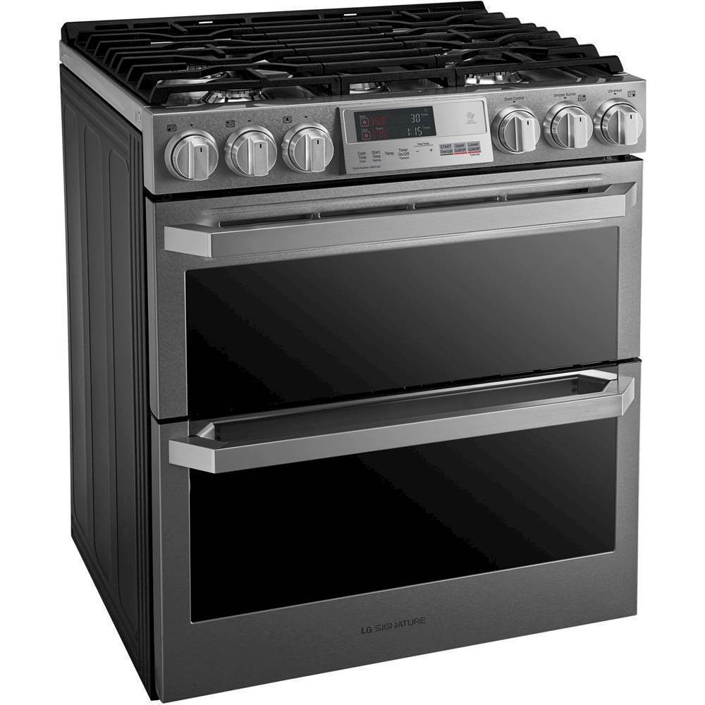 Angle. LG - SIGNATURE 7.3 Cu. Ft. Smart Slide-In Double Oven Dual Fuel True Convection Range with EasyClean and Power Burner - Textured Steel.