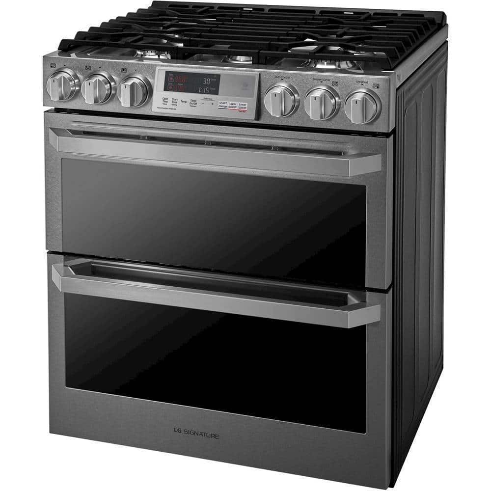 Left. LG - SIGNATURE 7.3 Cu. Ft. Smart Slide-In Double Oven Dual Fuel True Convection Range with EasyClean and Power Burner - Textured Steel.