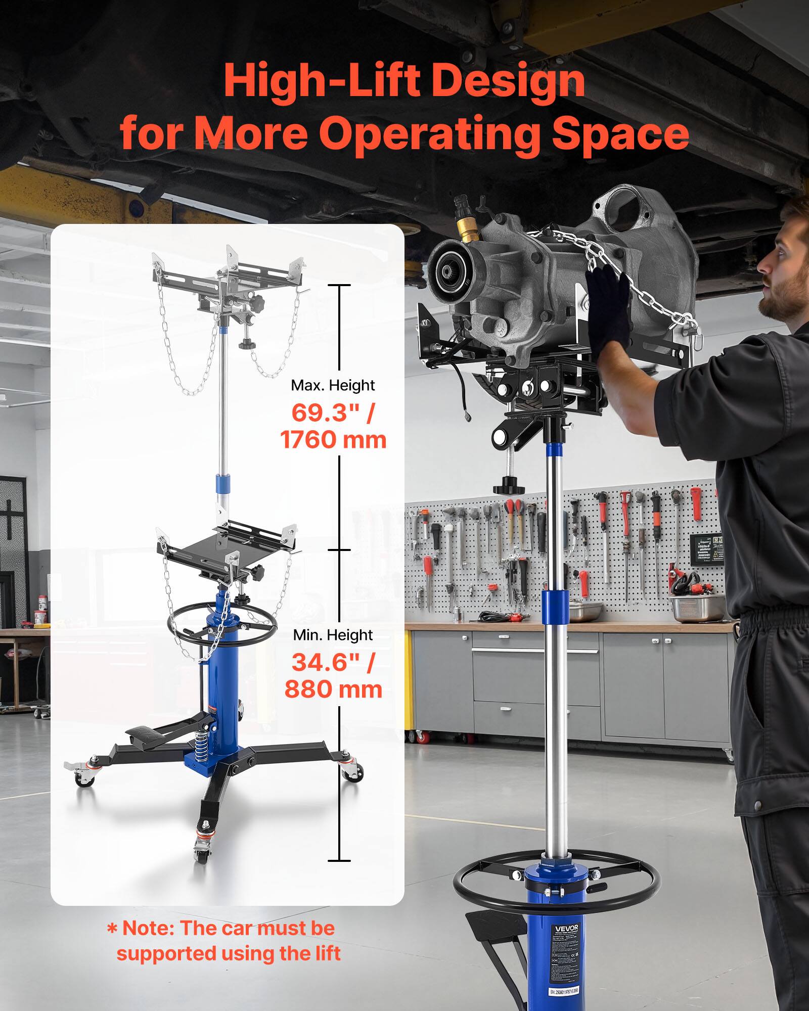 High-Lift Design for More Operating Space  
Max. Height 69.3" / 1760 mm  
Min. Height 34.6" / 880 mm  
*Note: The car must be supported using the lift
