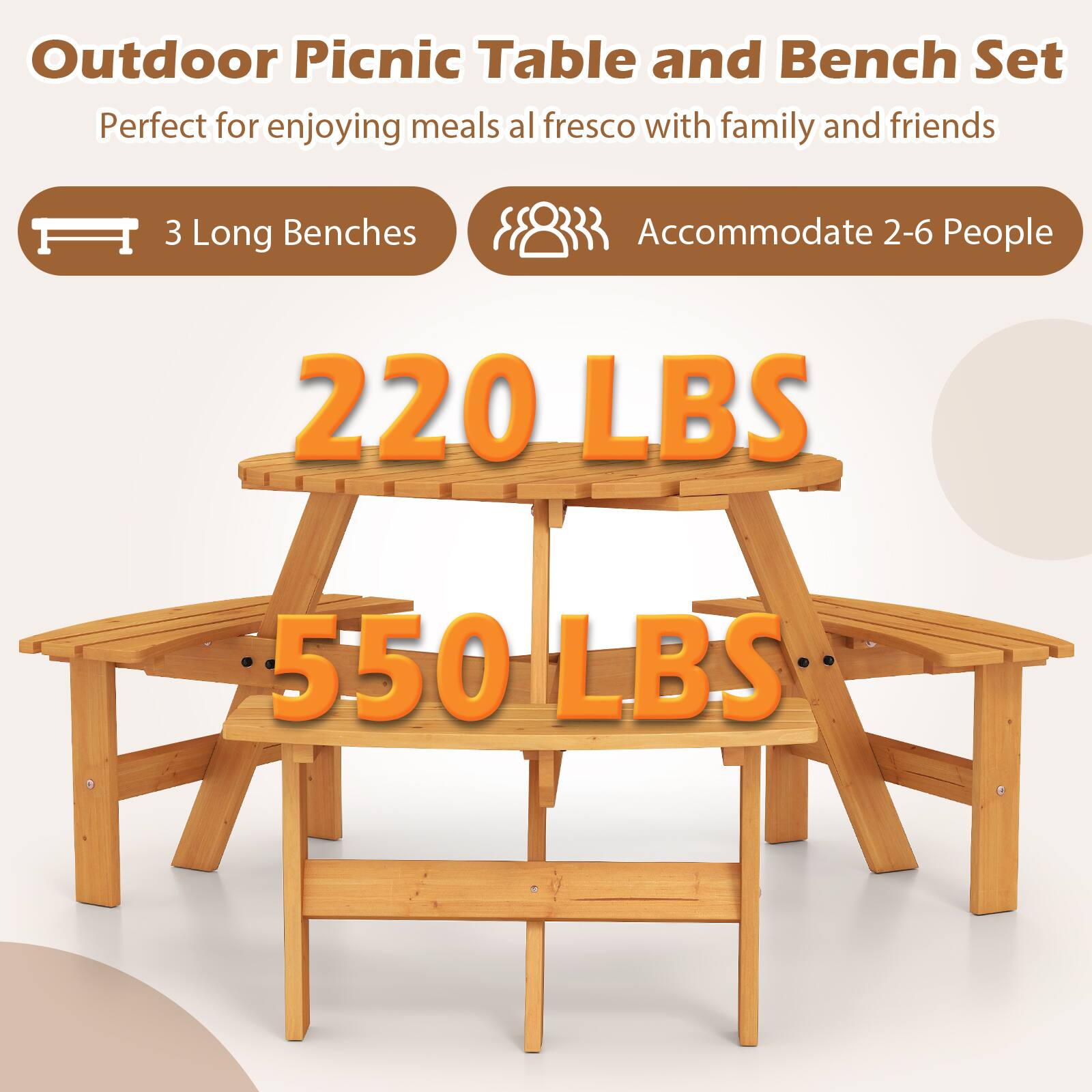 Outdoor Picnic Table and Bench Set  
Perfect for enjoying meals al fresco with family and friends  

3 Long Benches  
Accommodate 2-6 People  

220 LBS  
550 LBS