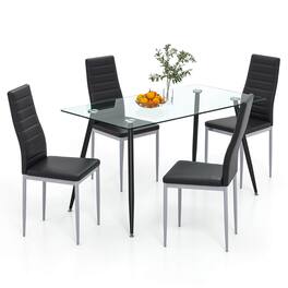Gymax - 5 PCS 51'' Rectangle Dining Set 0.3'' Thick Glass Table w/ 4 Padded Dining Chairs - Silver/Black