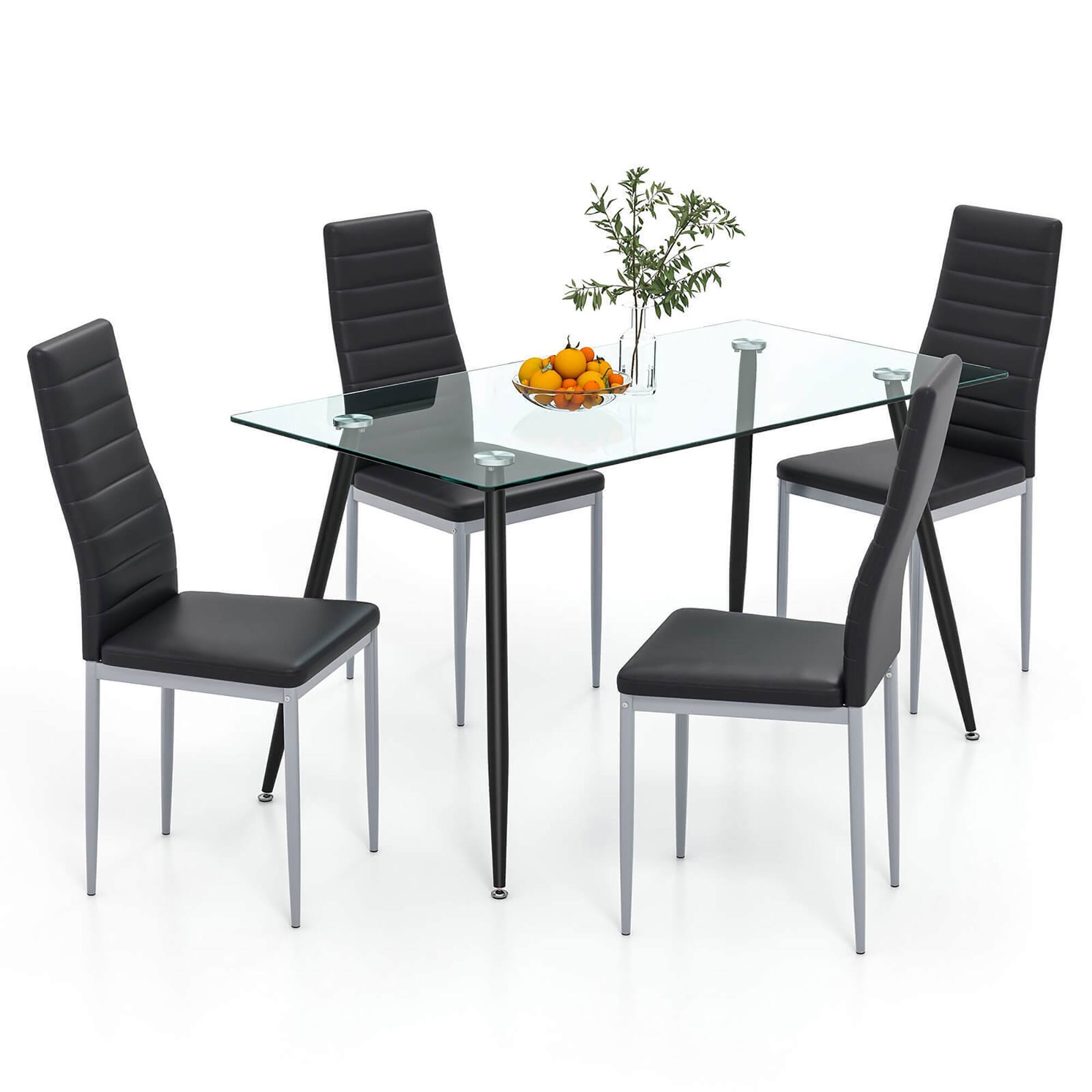 Gymax - 5 PCS 51'' Rectangle Dining Set 0.3'' Thick Glass Table w/ 4 Padded Dining Chairs - Silver/Black