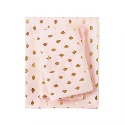 Front. Gracie Mills - Gracie Mills Juniper Metallic Ikat Dot Printed Sheet Set - Blush/Gold.
