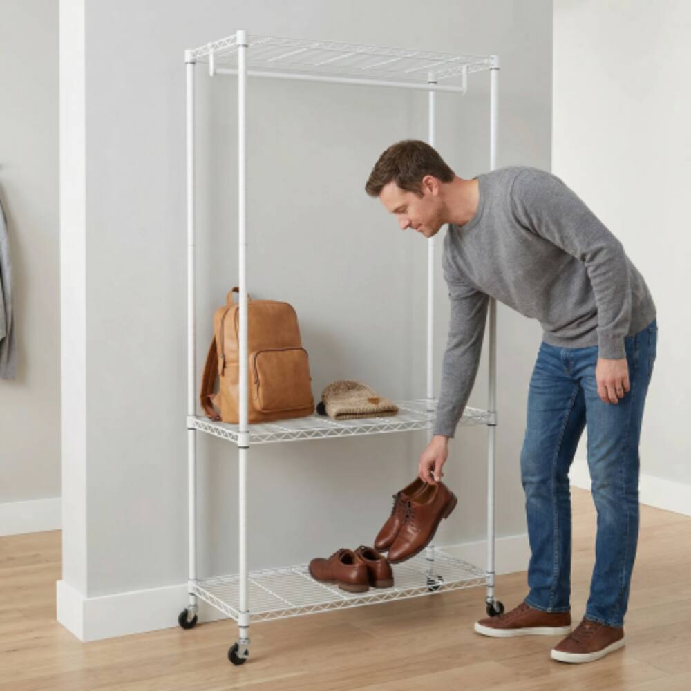 Left. LUCKY ONE - 73.2" H Heavy Duty Rolling Garment Rack w/ 3-Tier Shelves Freestanding - White.