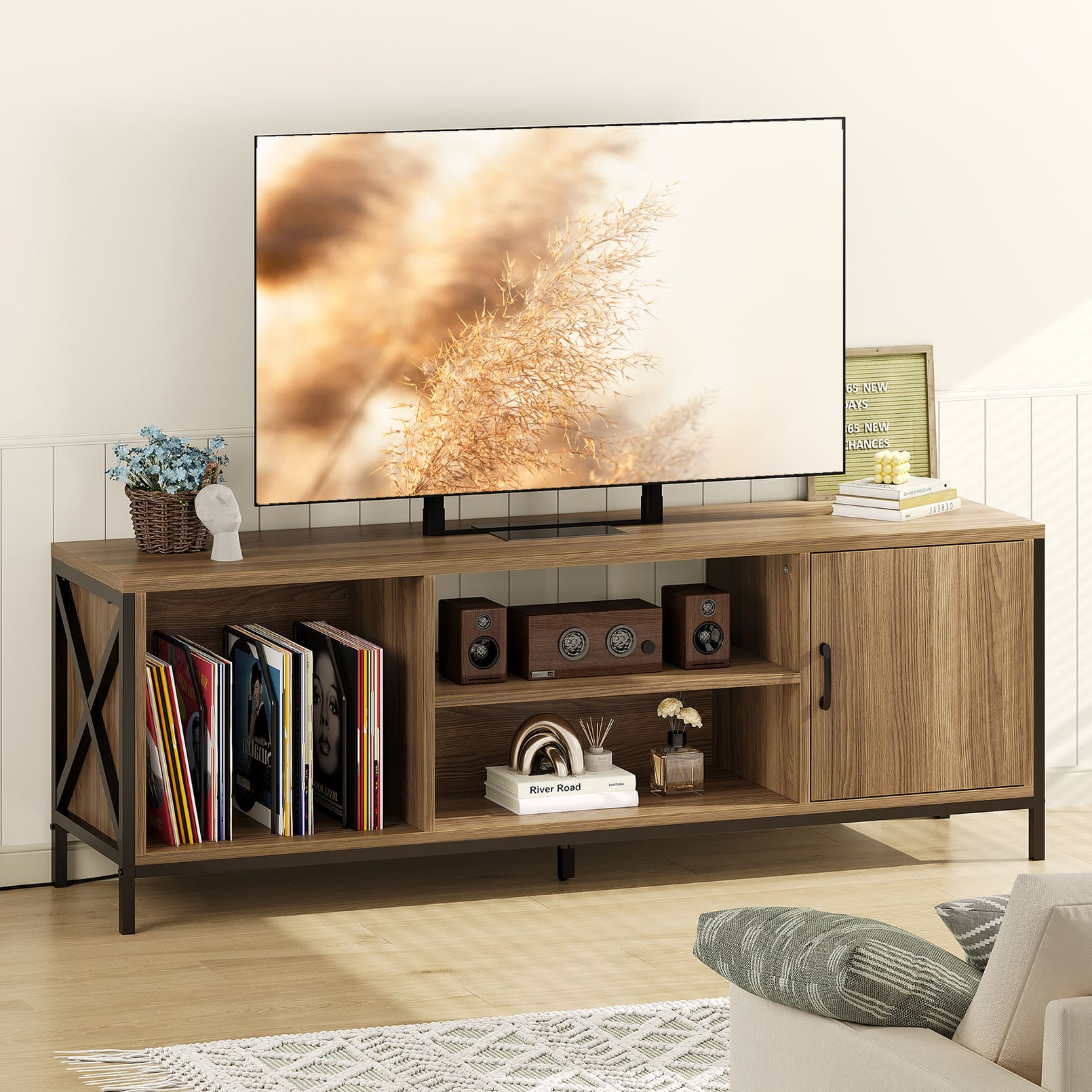 Anysun - Modern TV Stand for 65 Inch TV, Mid-Century Media Console with Storage - OAK