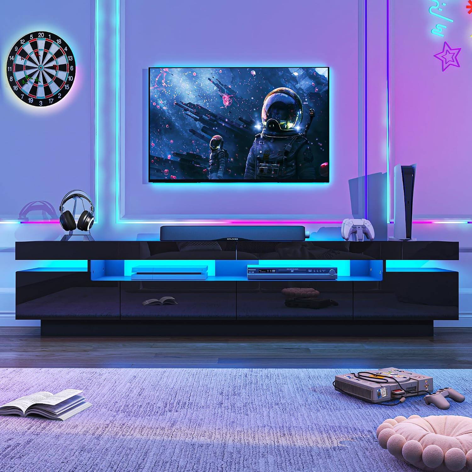 Left. Espafurni - 82.7" TV Stand for 75 - 90" TVs - Modern LED Storage Drawer, APP - RGB Light - Black.