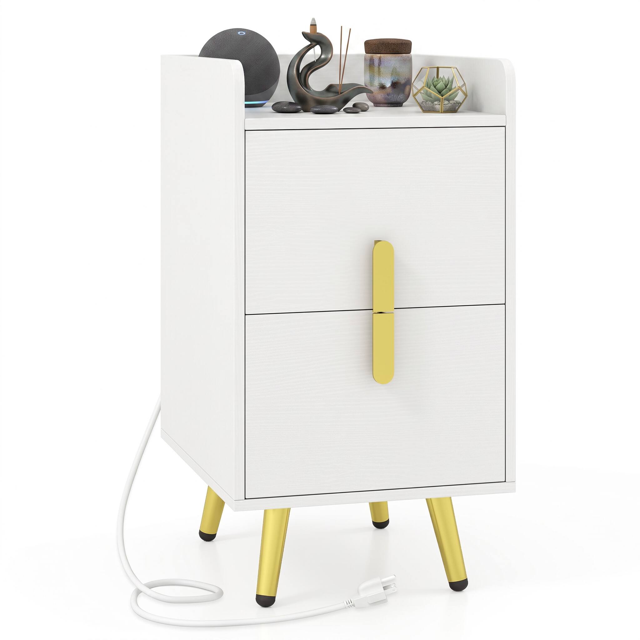 Back. WELLFOR - Nightstand Side Tables with 2 Drawers and 2 USB Ports - White.