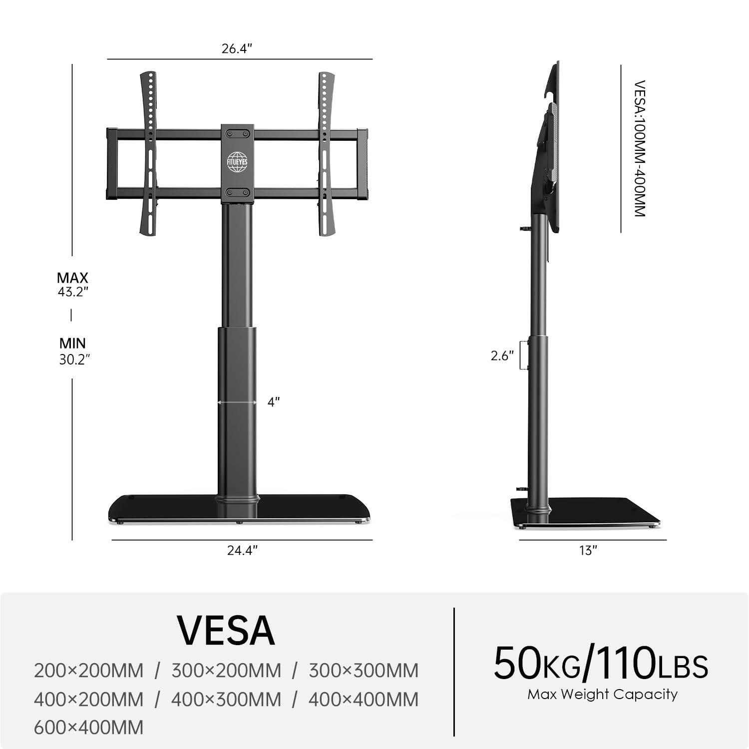 Sure, here is the corrected and grouped text from the image:

---

**MAX**  
43.2"  
**MIN**  
30.2"  

**26.4"**  
**2.6"**  
**4"**  
**24.4"**  
**13"**  

**VESAA100MM-400MM**  

**VESAA**  
200x200MM / 300x200MM / 300x300MM / 400x200MM / 400x300MM / 400x400MM / 600x400MM  

**50KG/110LBS**  
Max Weight Capacity  

---