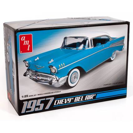 The text on the image reads: "a m t 1:25 model a bel air 1957 chevy"