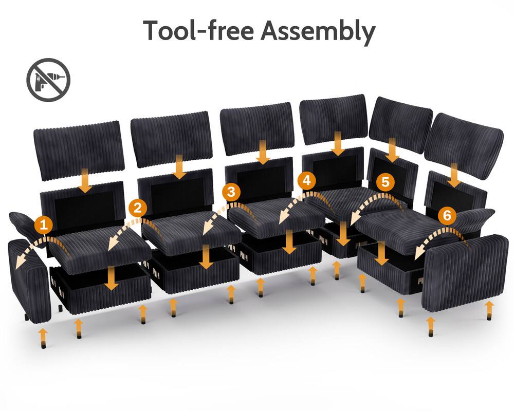 Tool-free Assembly

1. Place the base.
2. Attach the side panels.
3. Add the backrest.
4. Install the armrests.
5. Secure the headrests.
6. Attach the seat cushions.