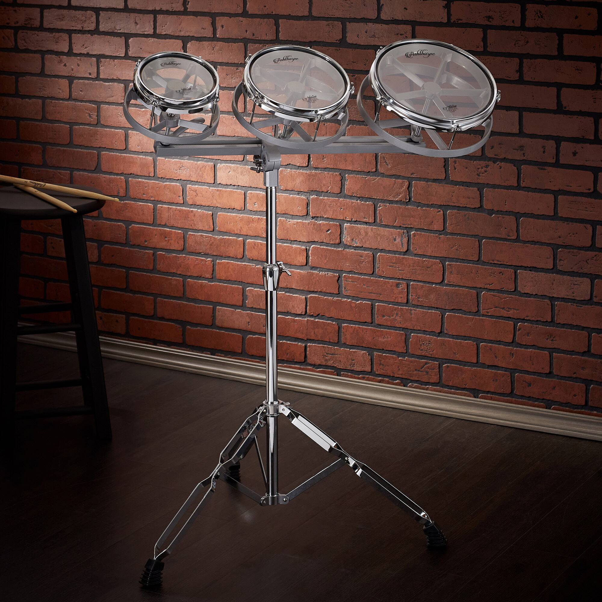 Alt View 6. Ashthorpe - Roto Tom Drum Set - 6-in - 8-in - 10-in Toms w Remo Heads and Drumsticks - Silver.