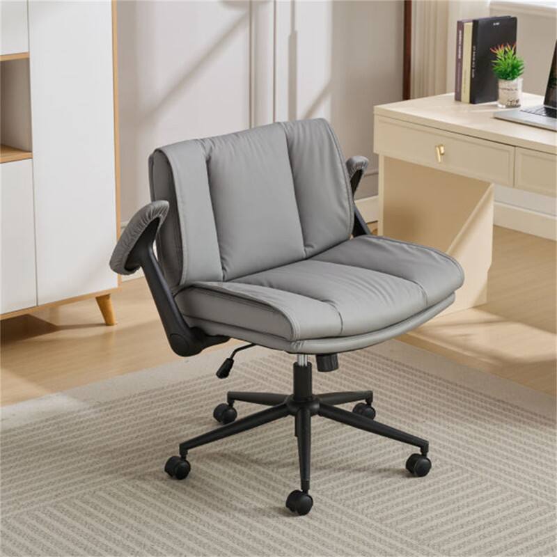 Alt View 1. HTUTWOO - Cross Legged Office Chair with Flip-Up Armrests - PU Leather Swivel Desk Chair, Wide Seat, Adjustable Height, Wheels - Grey White.