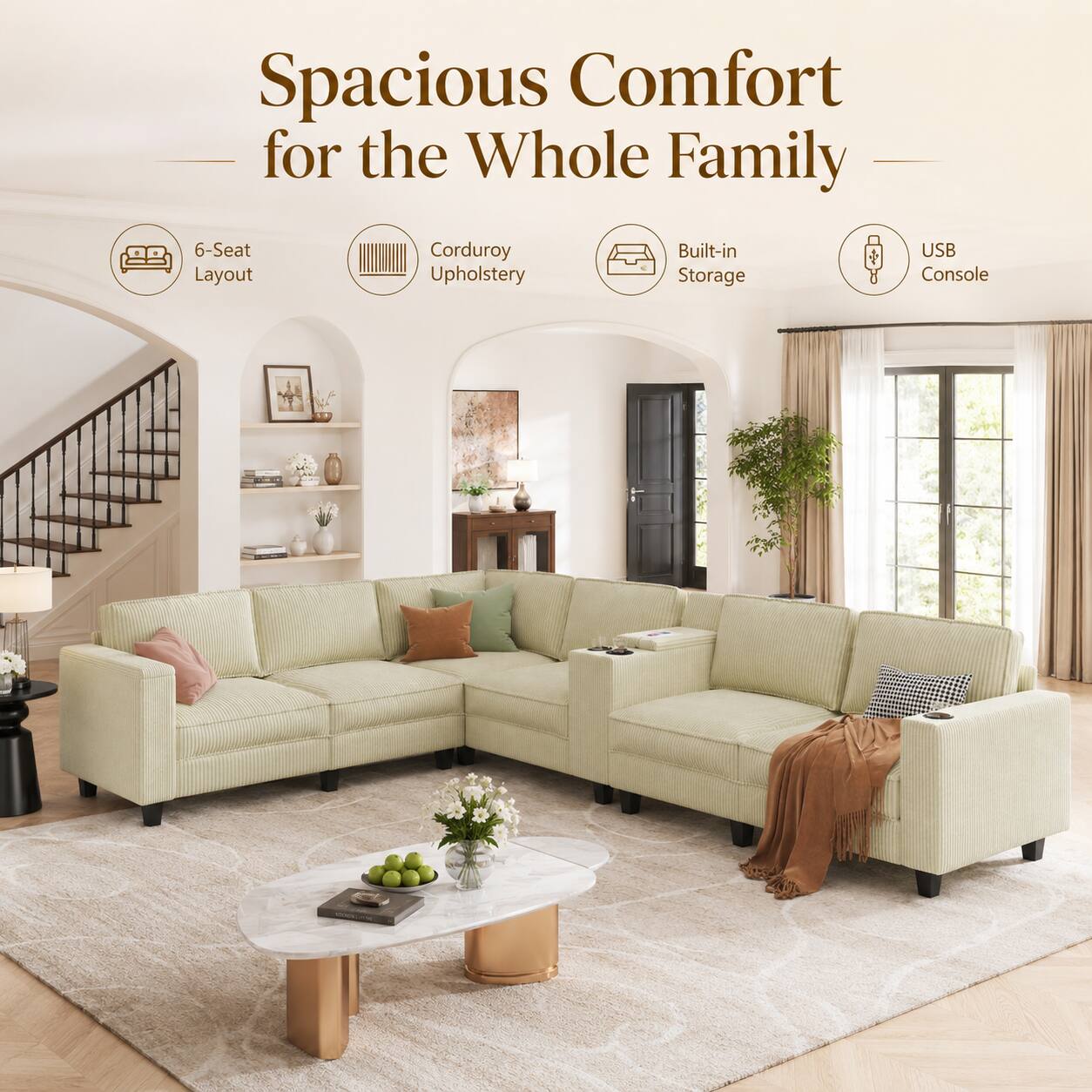 Spacious Comfort for the Whole Family  
6-Seat Layout  
Corduroy Upholstery  
Built-in Storage  
USB Console