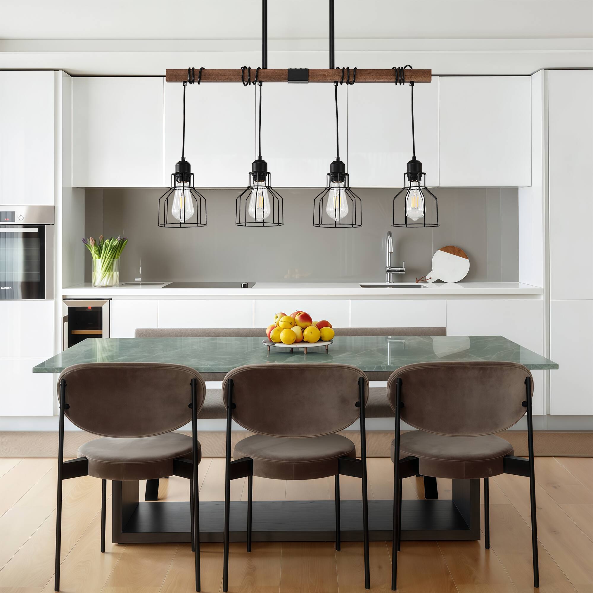 Angle. RYHNUYNE - 4-Light Dining Room Light Fixture Over Table, 32" Rustic Farmhouse Kitchen Island Lighting, Modern Linear Chandelier wit - Black.