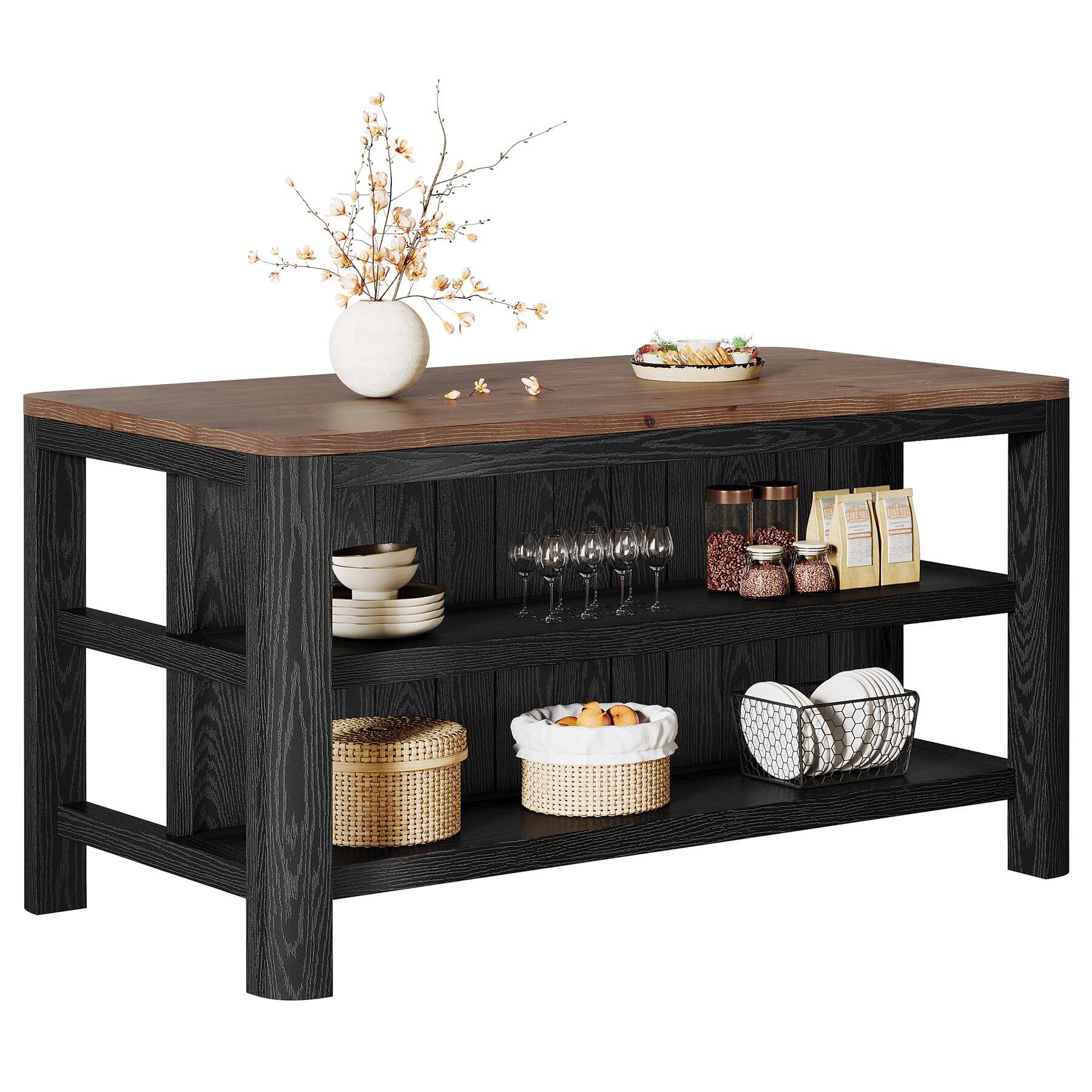 Alt View 5. Tribesigns - 63" Solid Wood Kitchen Island with Storage Shelves, Black - Black and Brown.