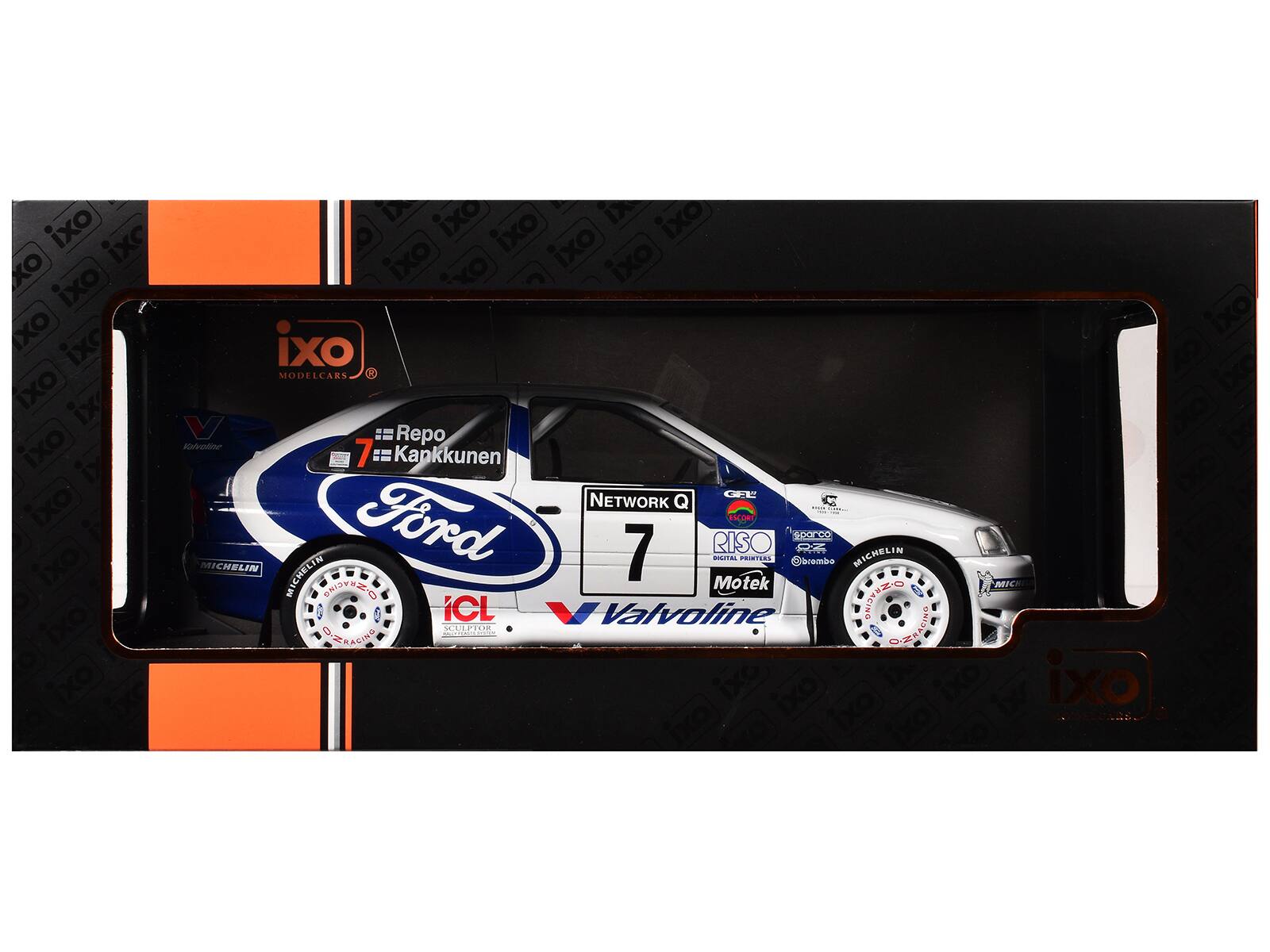 Sure, here is the corrected and grouped text from the image:

---

**Model Car:**
- Ford
- Number: 7
- Repo
- Kapkunen

**Sponsors:**
- NETWORK Q
- RISO
- Motek
- ICL
- Valvoline
- MICHELIN
- OZ Racing
- GFE
- Repco
- Scembo
- Sculptor

**Brands:**
- ixo
- GFE NETWORK
- Ford
- MICHELIN
- OZ Racing
- Valvoline
- ICL
- Motek
- RISO
- Repco
- Scembo
- Sculptor

**Additional Text:**
- ixo
- MODELCARS
- 04m
- Ford
- CORT
- porco
- 7
- RISO
- MICHELIN
- AA
- PRIBTURS
- acembo
- MICHELIN
- AICHELIN
- S OTMYCING
- Motek
- MIC
- ICL
- Valvoline
- DRISYNZD
- 4CING
- GNT