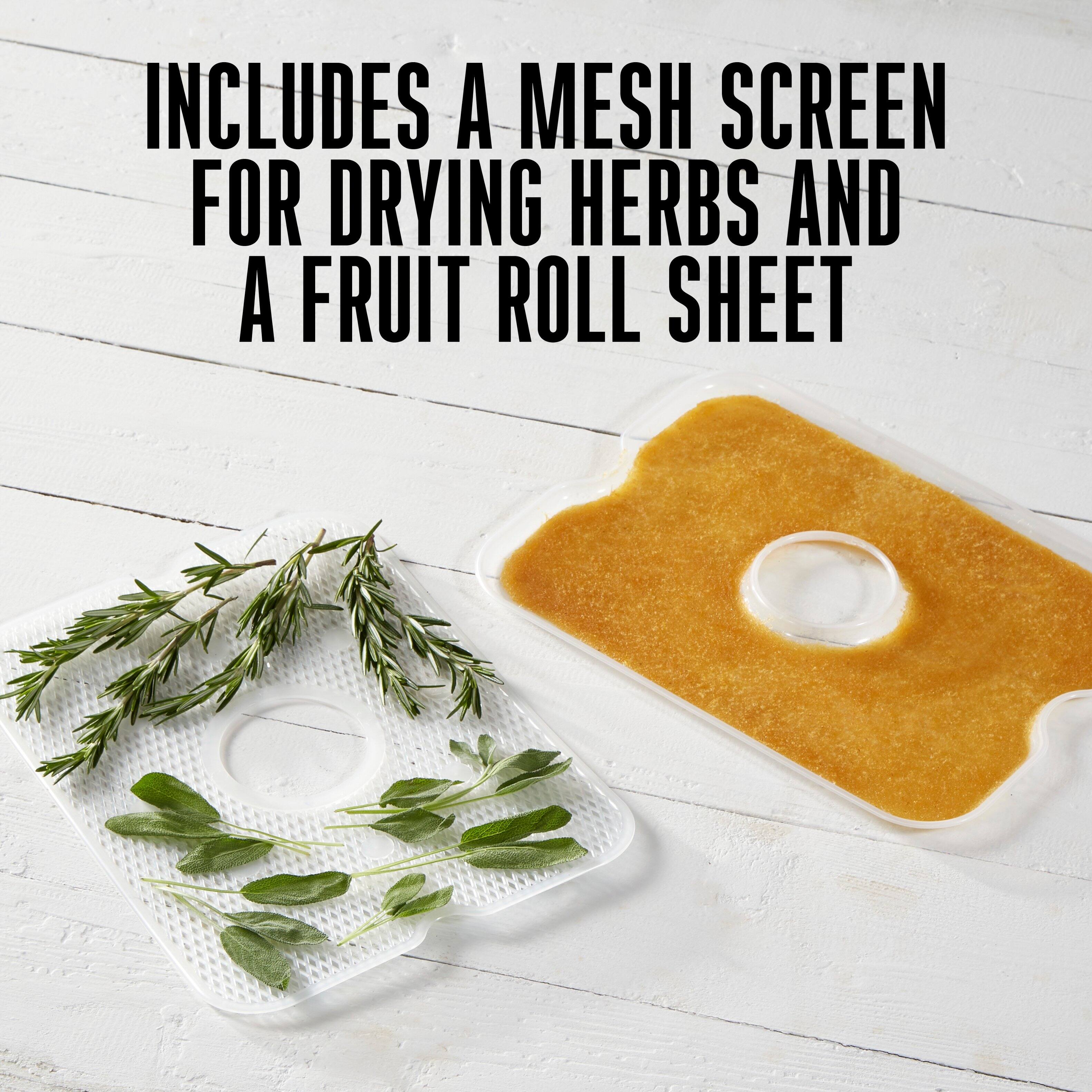 INCLUDES A MESH SCREEN FOR DRYING HERBS AND A FRUIT ROLL SHEET