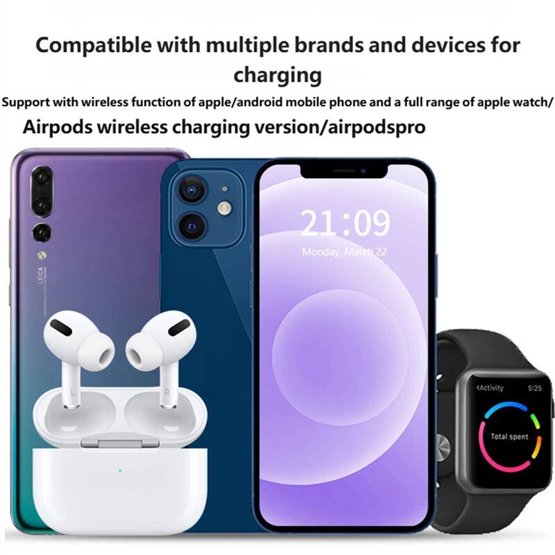 Compatible with multiple brands and devices for charging  
Support with wireless function of apple/android mobile phone and a full range of apple watch/ Airpods wireless charging version/airpodspro  

21:09  
Monday, March 22  

Activity 5:25  
Total spent