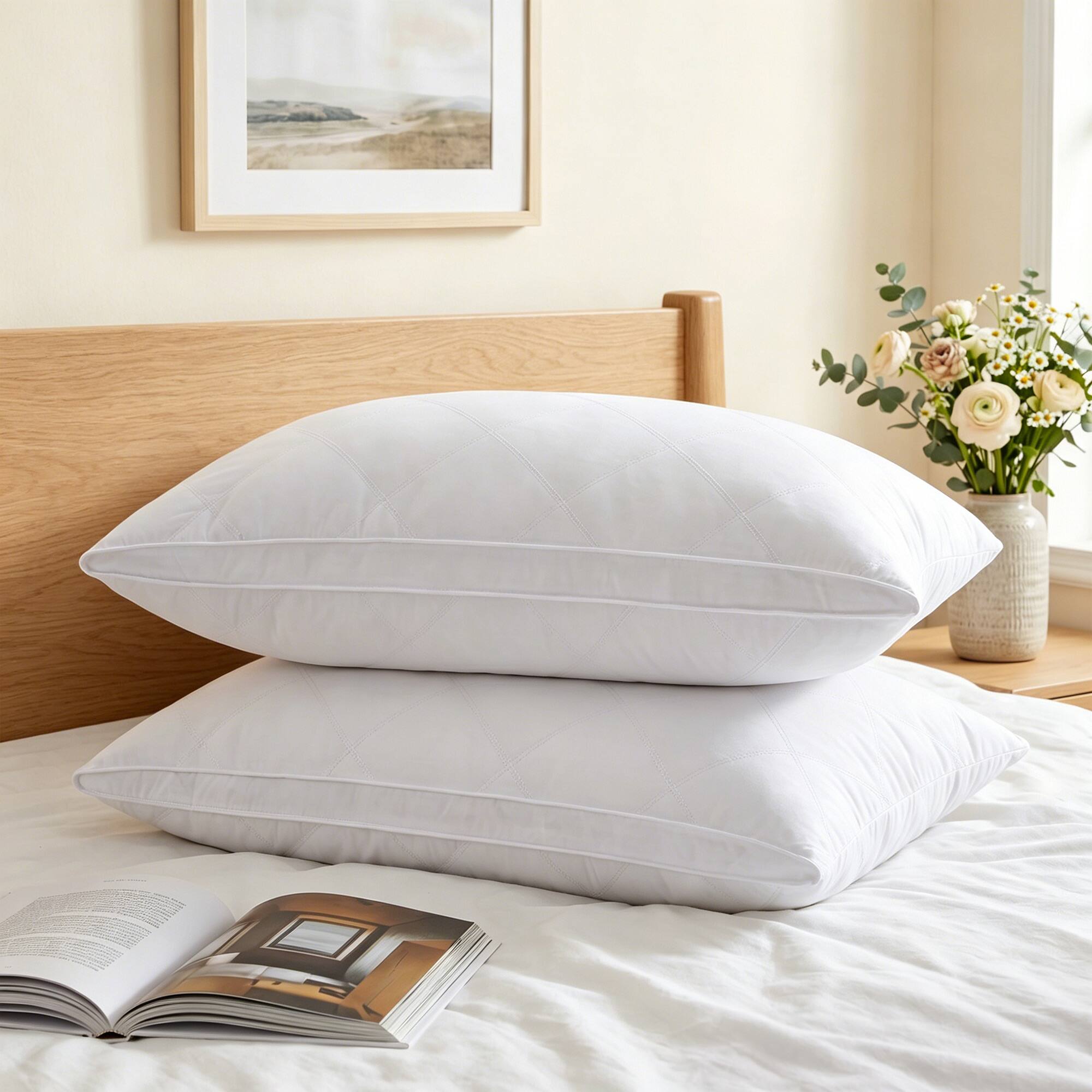 Angle. Peace Nest - Peace Nest Quilted Goose Feather Pillows Set of 2 Medium Firm Bed Pillows, Oval Gusseted, King - Oval Gusseted.