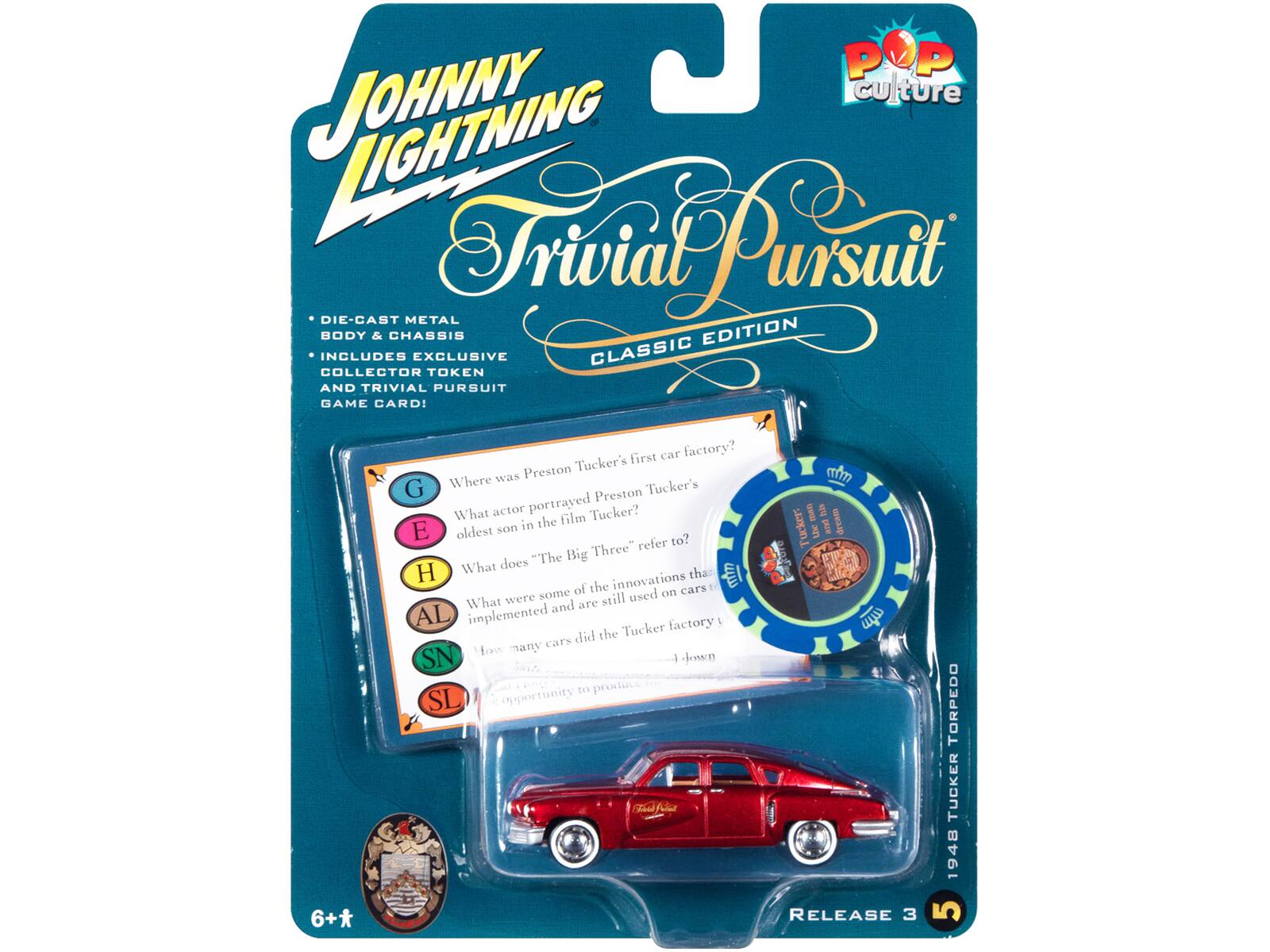 P POP P JOHNNY LIGHTNING Trivial Pursuit BODY & CHASSIS EDITION INCLUDES EXCLUSIVE CLASSIC COLLECTOR TOKEN AND TRIVIAL PURSUIT GAME CARD! 6+*  
- Where was Preston Tucker's first car factory?  
- What actor portrayed Preston Tucker's oldest son in the film?  
- What does "The Big Three" refer to?  
- What were some of the innovations that were implemented on cars and are still used today?  
- How many cars did the Tucker factory produce?  
- RELEASE 3 TORPEDO TUCKER 1948
