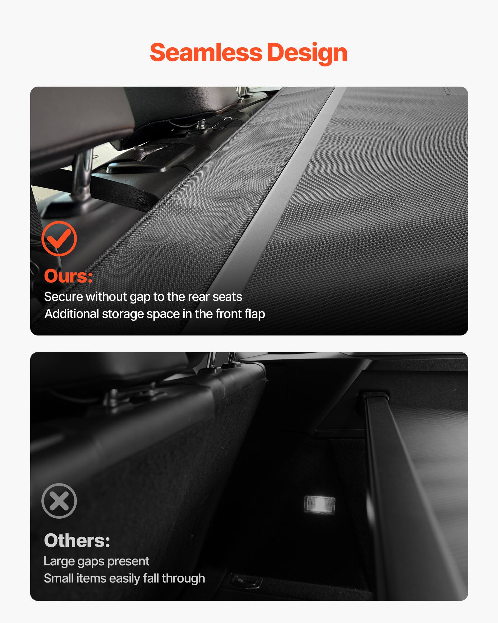 Seamless Design

Ours:
Secure without gap to the rear seats
Additional storage space in the front flap

Others:
Large gaps present
Small items easily fall through