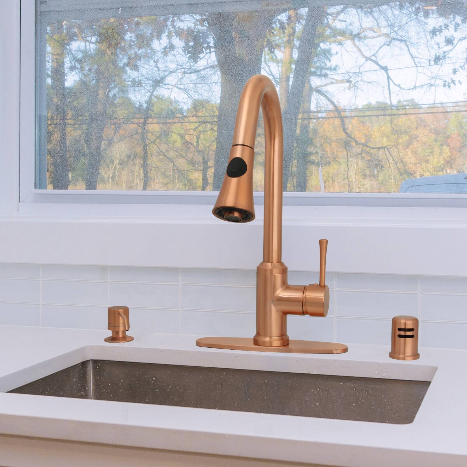 Alt View 4. Akicon - Akicon Single Level Solid Brass Kitchen Faucet with Pull Down Sprayer in Copper - Copper.