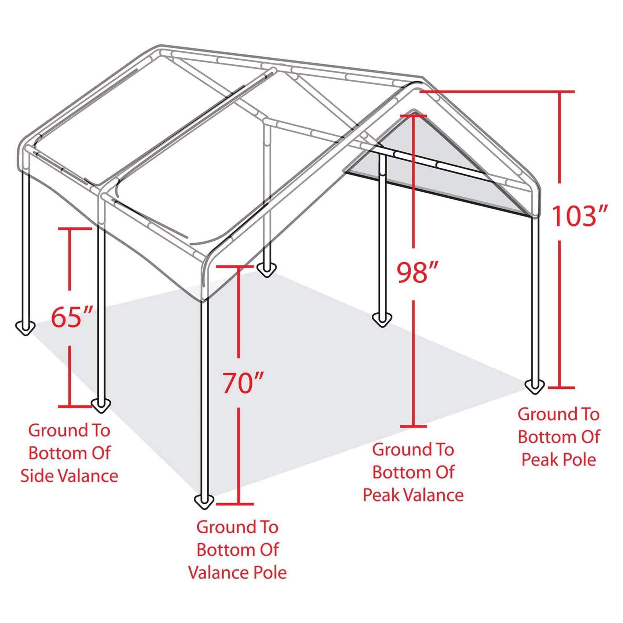 - 65" Ground To Bottom Of Side Valance
- 70" Ground To Bottom Of Valance Pole
- 98" Ground To Bottom Of Peak Valance
- 103" Ground To Bottom Of Peak Pole
