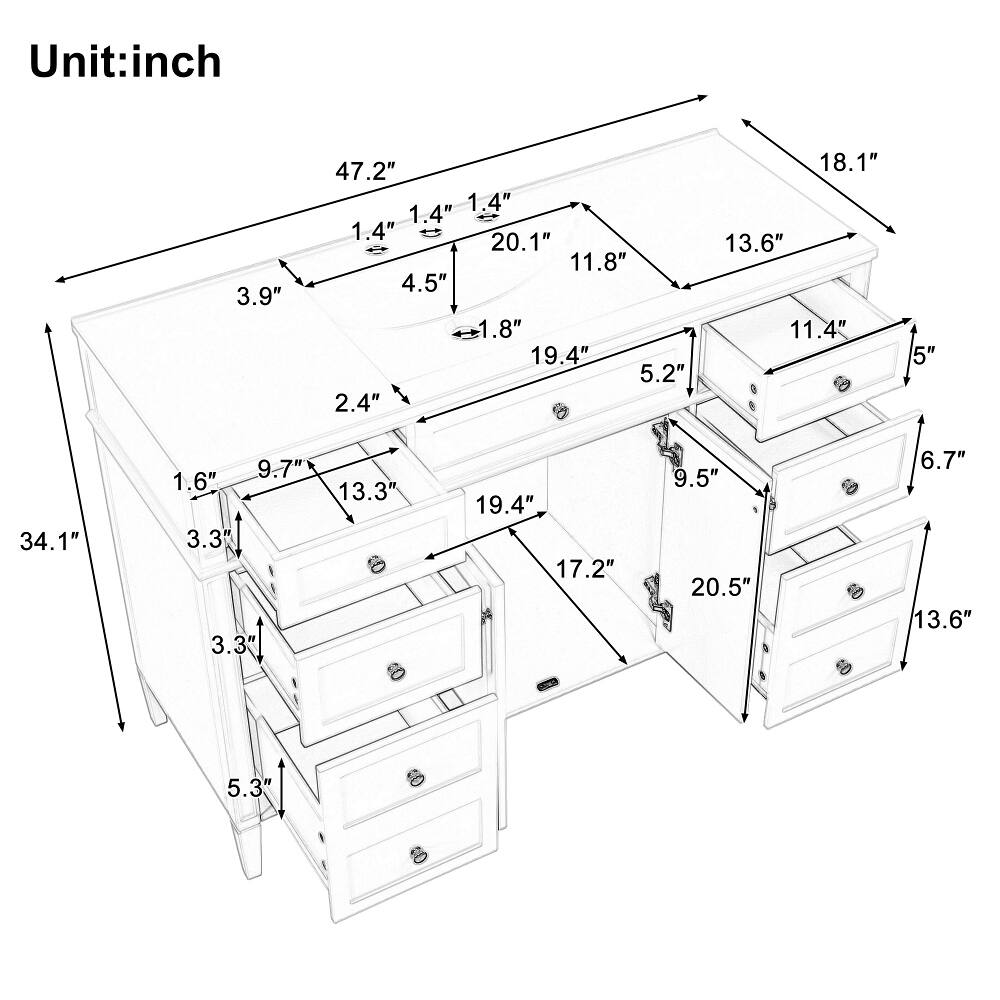 Unit: inch

3.9"  
47.2" 1.4" 1.4" 1.4" 20.1" 11.8" 4.5" 1.8" 19.4" 5.2" 2.4"  
18.1" 13.6" 11.4"  
5"  
34.1"  
9.7" 1.6" 3.3" 3.3"  
13.3"  
19.4" 17.2"  
9.5" 20.5"  
6.7" 13.6"  
5.3"