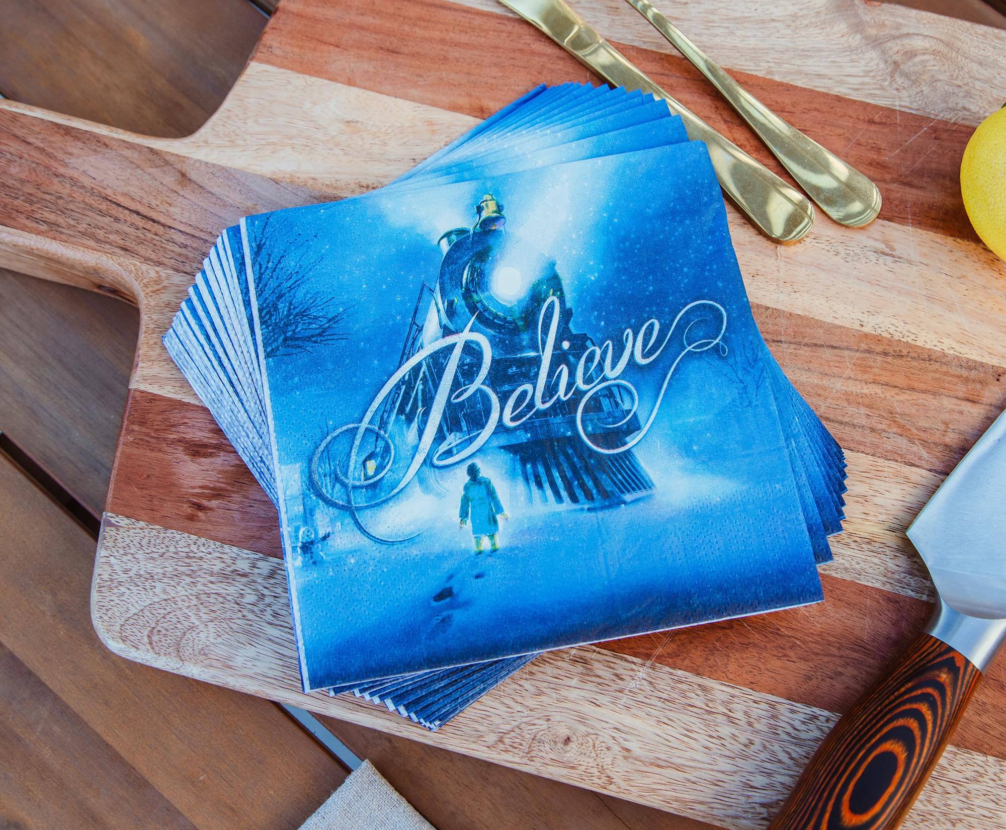Alt View 10. Silver Buffalo - The Polar Express Train Arrival "Believe" 16-Piece Paper Napkins Set - Blue.