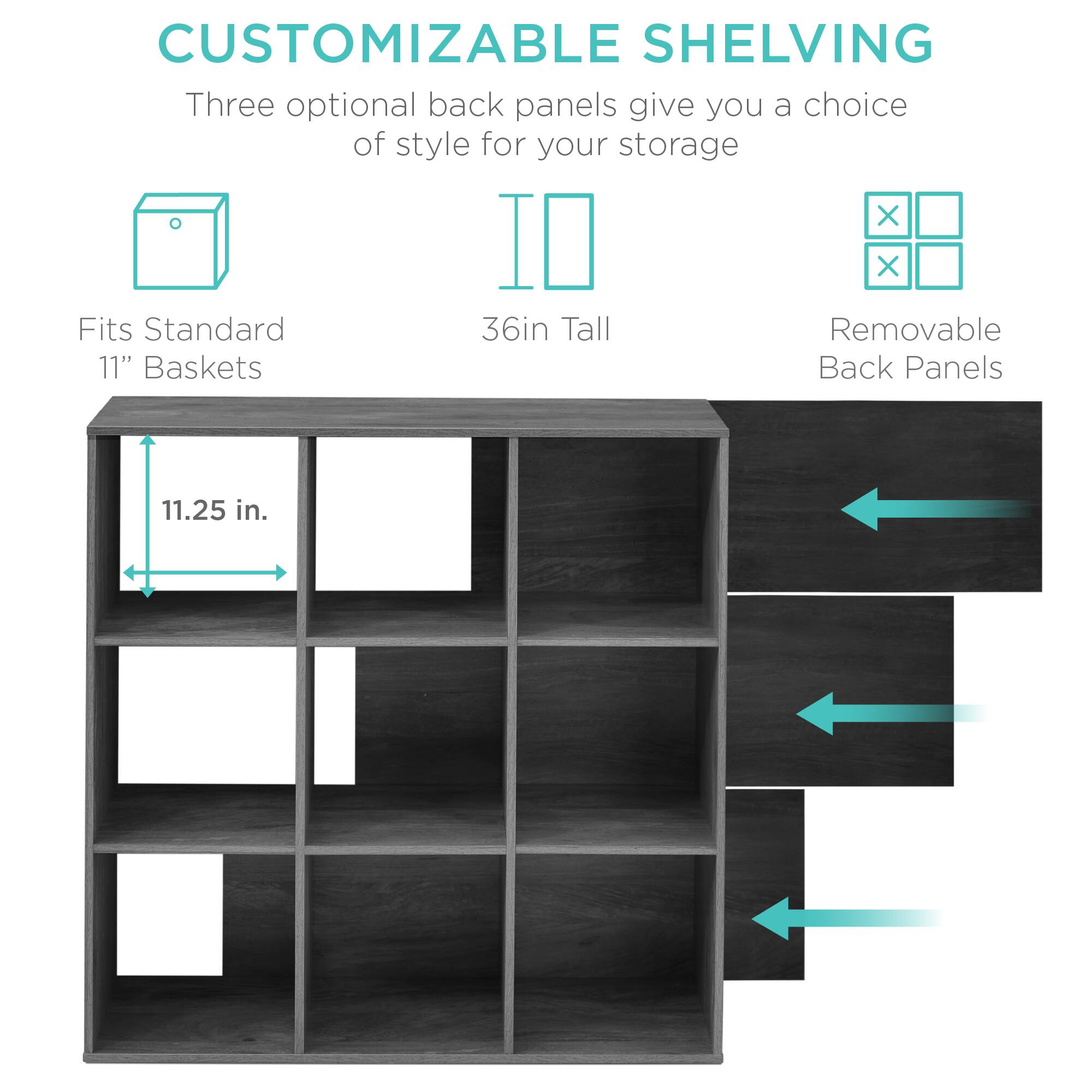CUSTOMIZABLE SHELVING

Three optional back panels give you a choice of style for your storage.

- Fits Standard 11" Baskets
- 36in Tall
- Removable Back Panels

11.25 in.