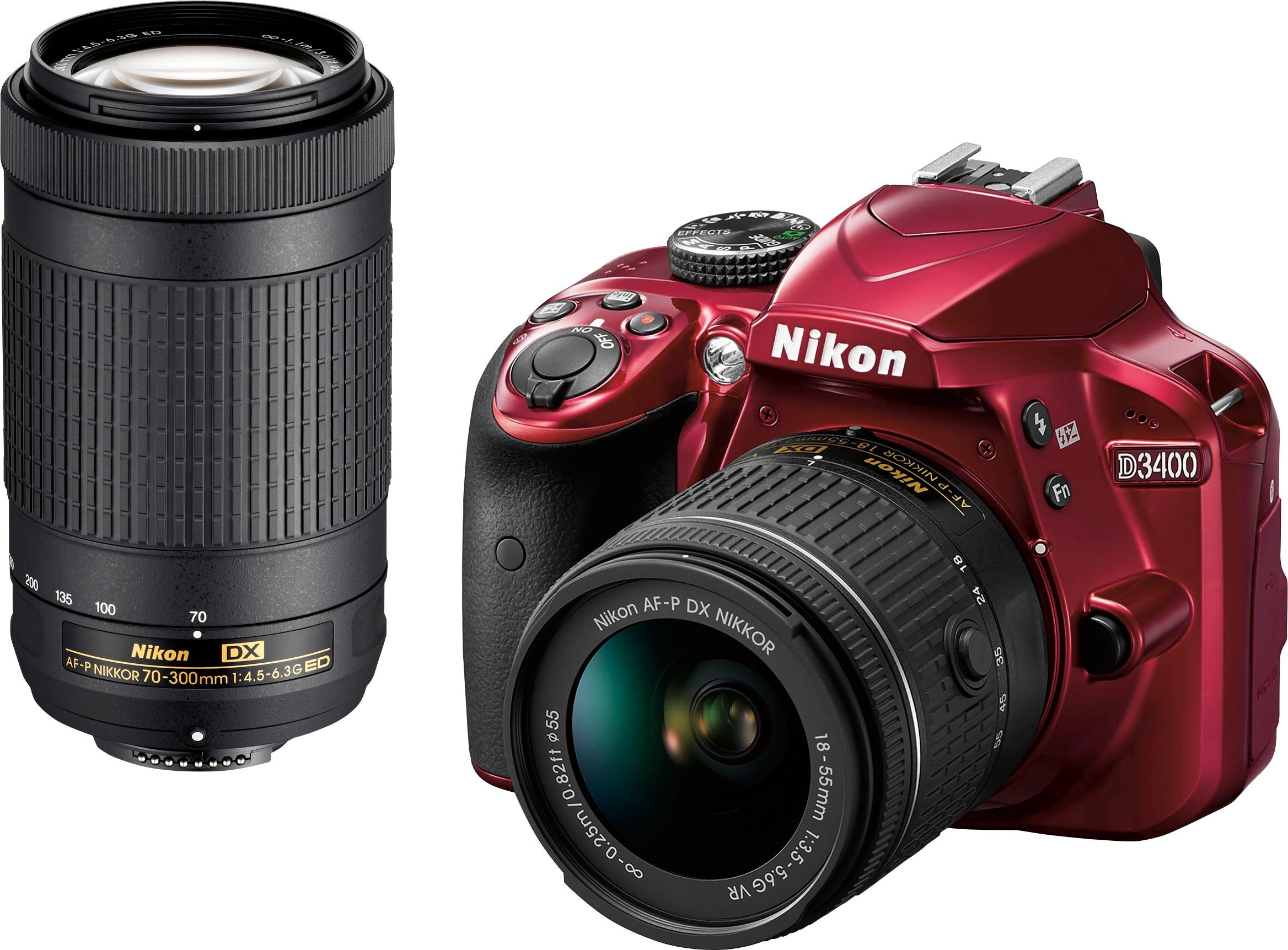 Best Buy: D3400 DSLR Camera with AF-P DX 18-55mm G and 70-300mm G ED Lenses Red 1574