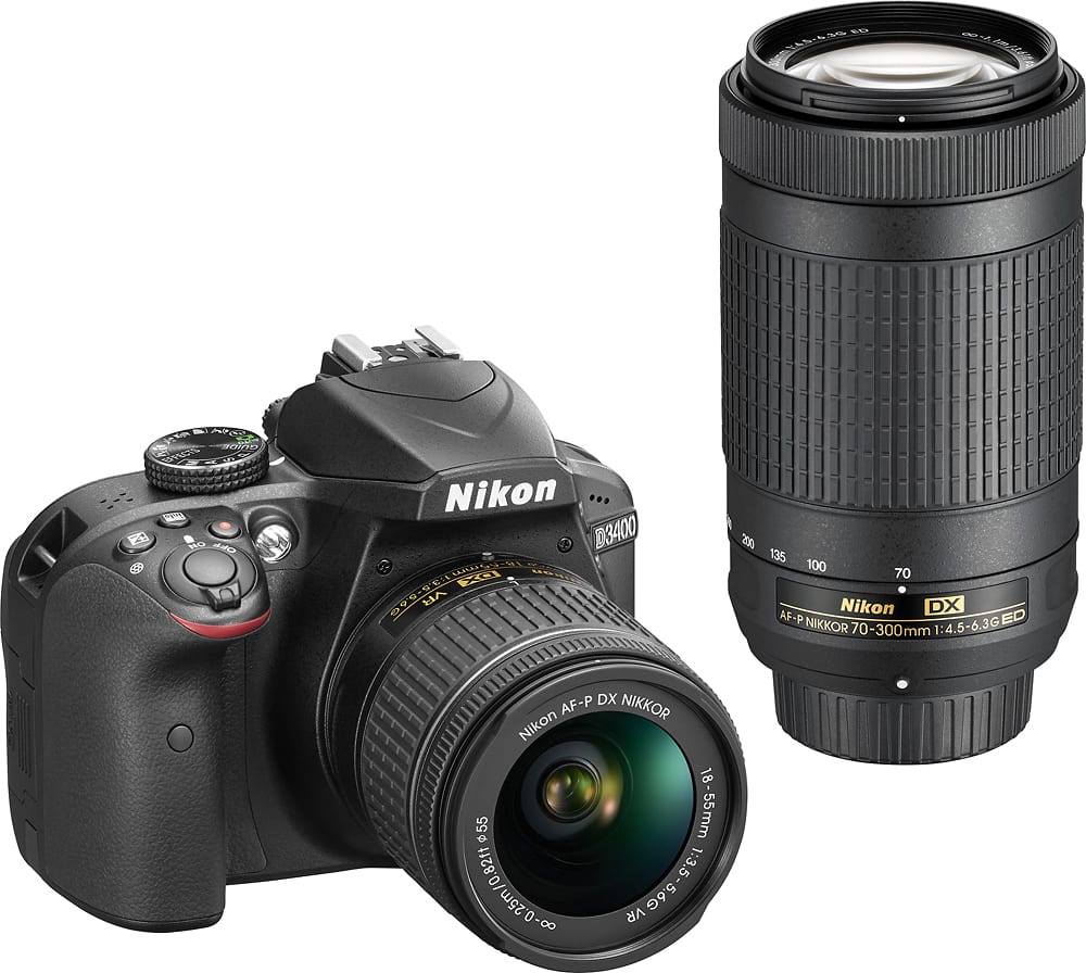 Front. Nikon - D3400 DSLR Camera with AF-P DX 18-55mm G VR and 70-300mm G ED Lenses - Black.