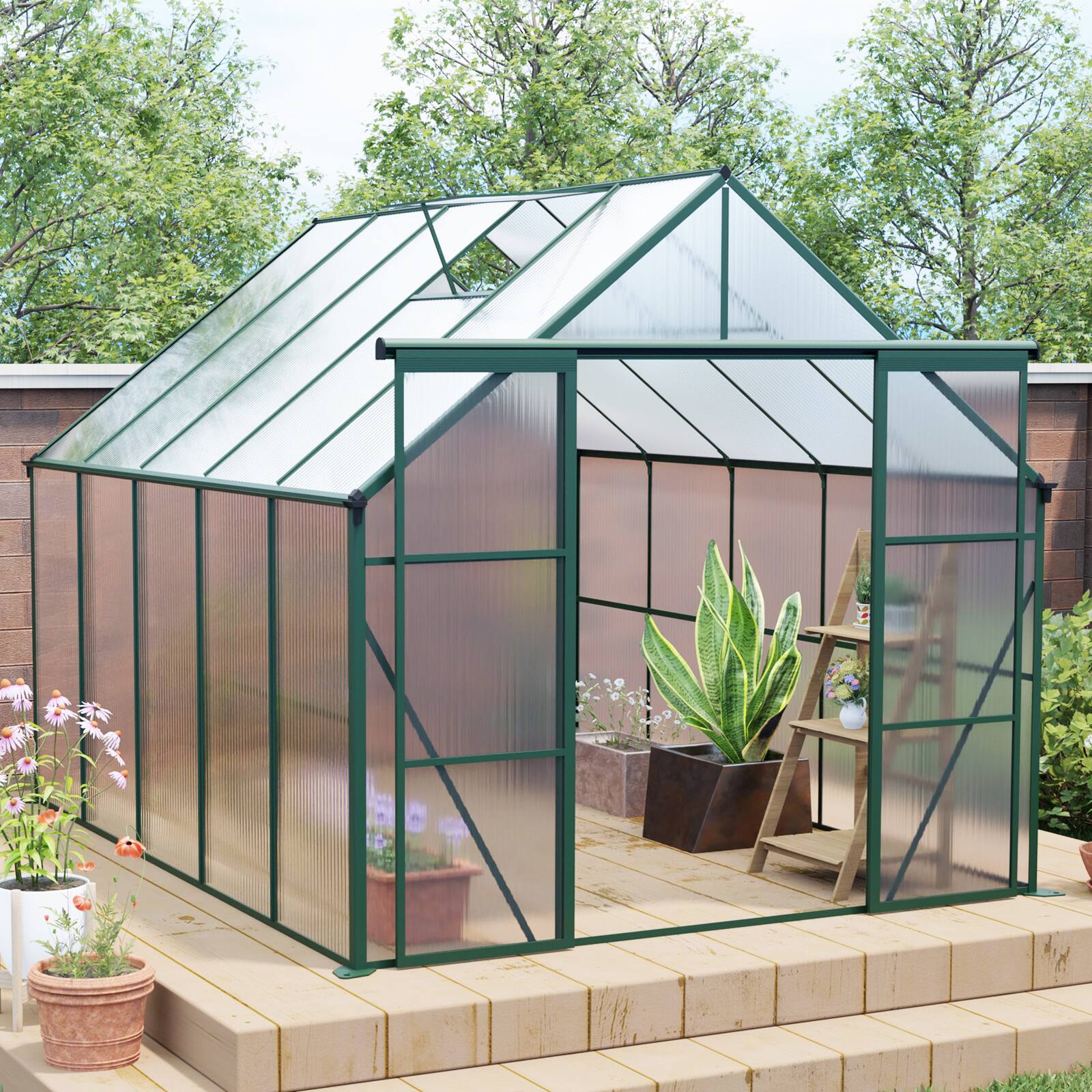 Angle. Mondawe - 8x10FT Double Door Polycarbonate Greenhouse - Green.