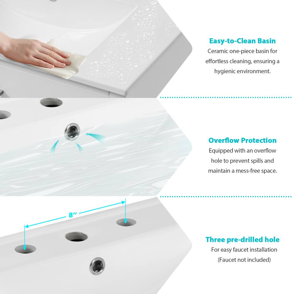 Easy-to-Clean Basin  
Ceramic one-piece basin for effortless cleaning, ensuring a hygienic environment.  

Overflow Protection  
Equipped with an overflow hole to prevent spills and maintain a mess-free space.  

8" Three pre-drilled hole  
For easy faucet installation (Faucet not included)