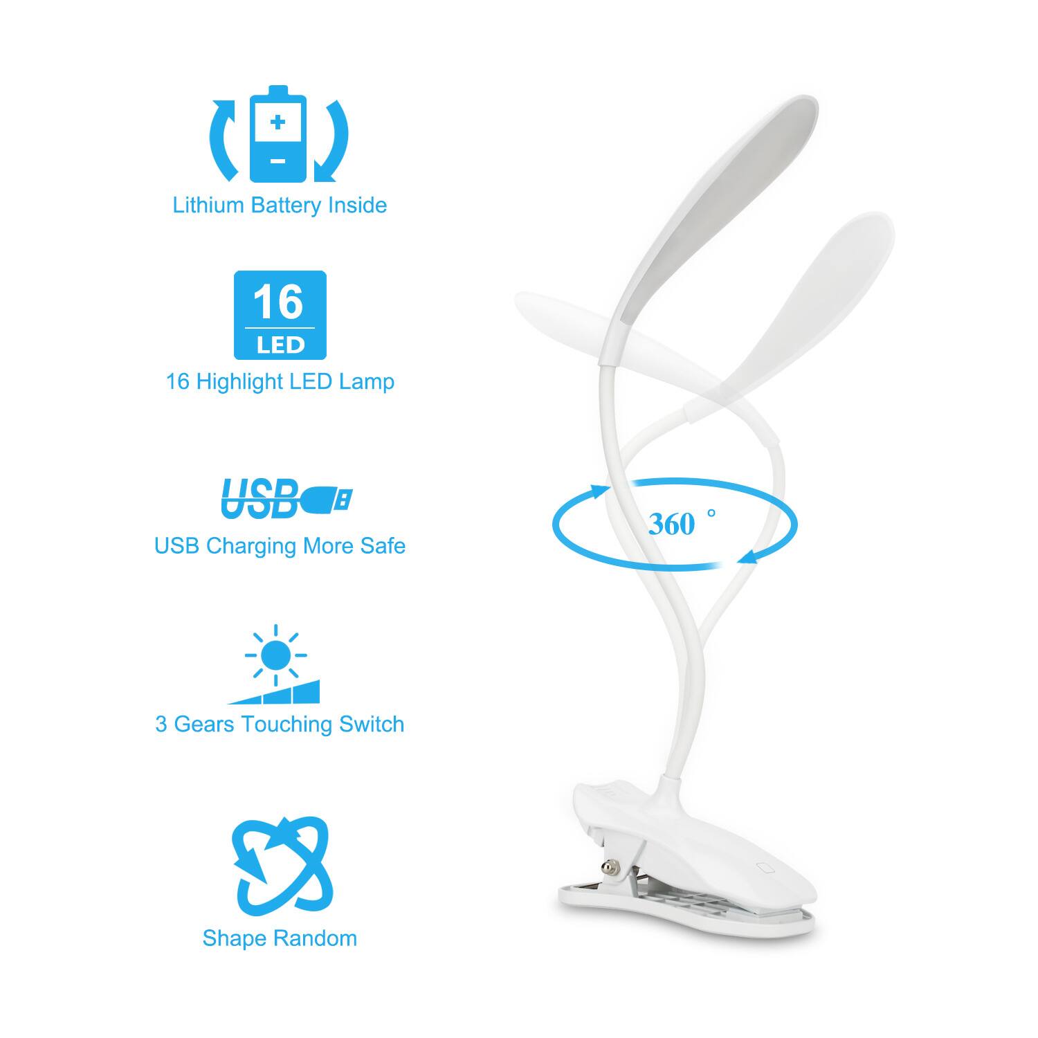 - Lithium Battery Inside
- 16 Highlight LED Lamp
- USB Charging More Safe
- 3 Gears Touching Switch
- 360°
- Shape Random