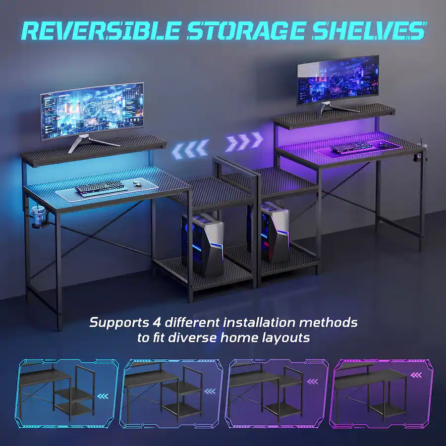 Different Colors For Setting Powder RSPGAME 48'' Gaming Desk LED Lights Computer Desk with Monitor Stand ...