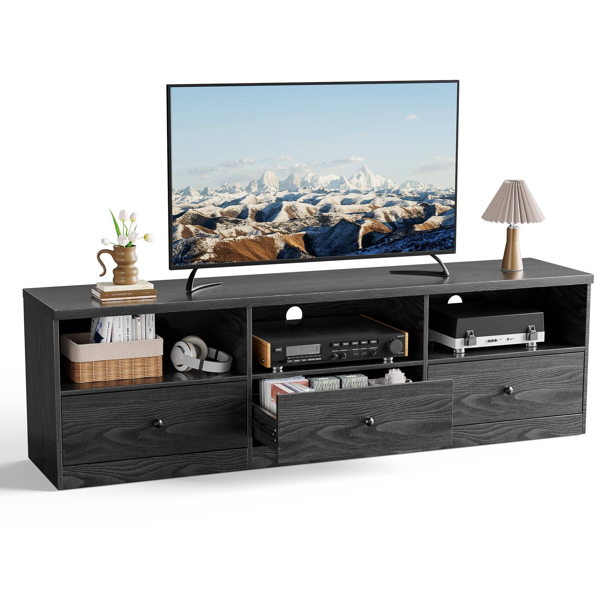 Alt View 6. Qeetex - 70" TV Stand for TVs Up to 80 Inches, Entertainment Center with Open Shelf, Drawer & Cable Hole - Black.